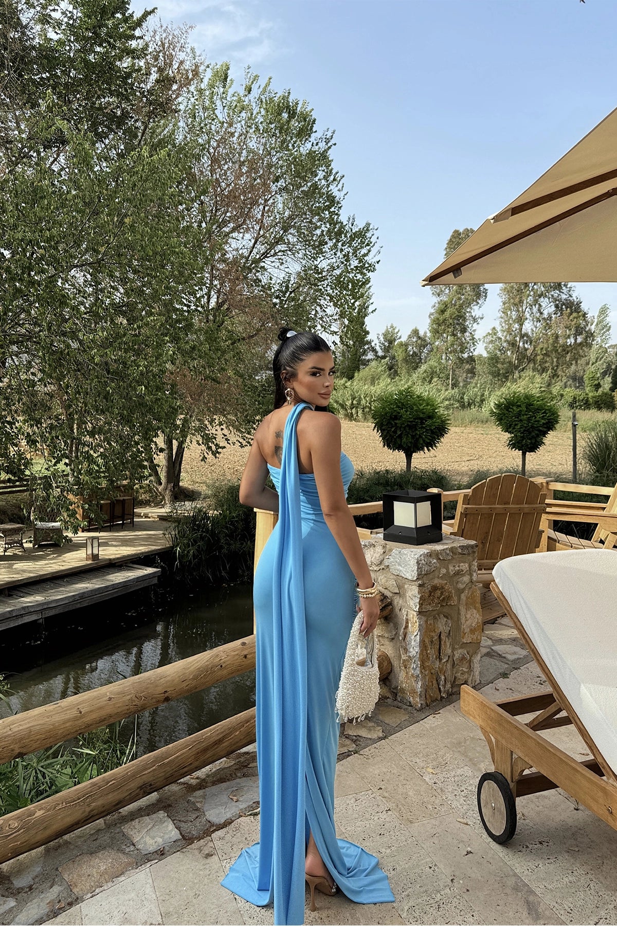 Light blue strapless dress with multi-position bow