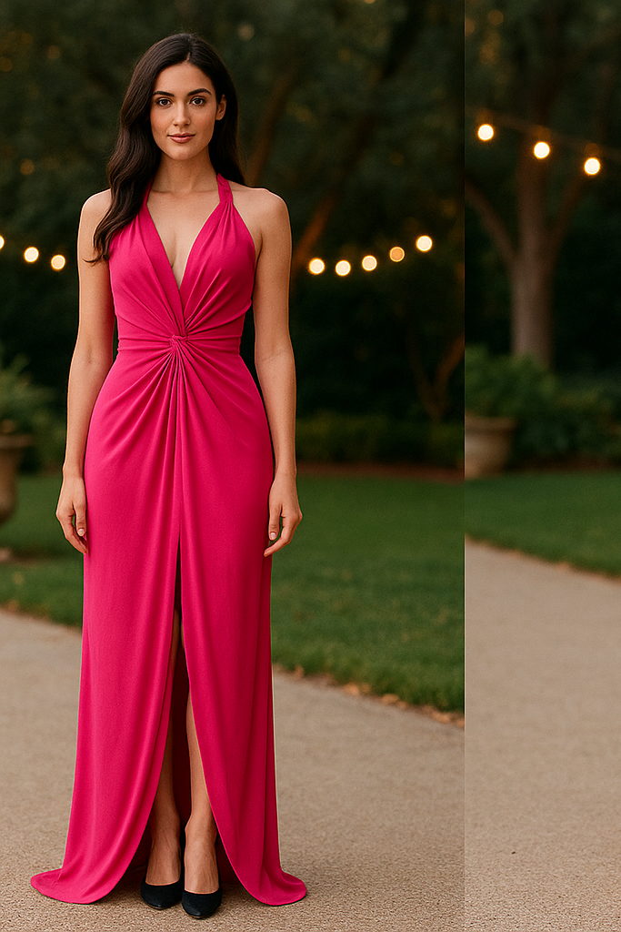 Long fuchsia dress with halter neckline and front slit