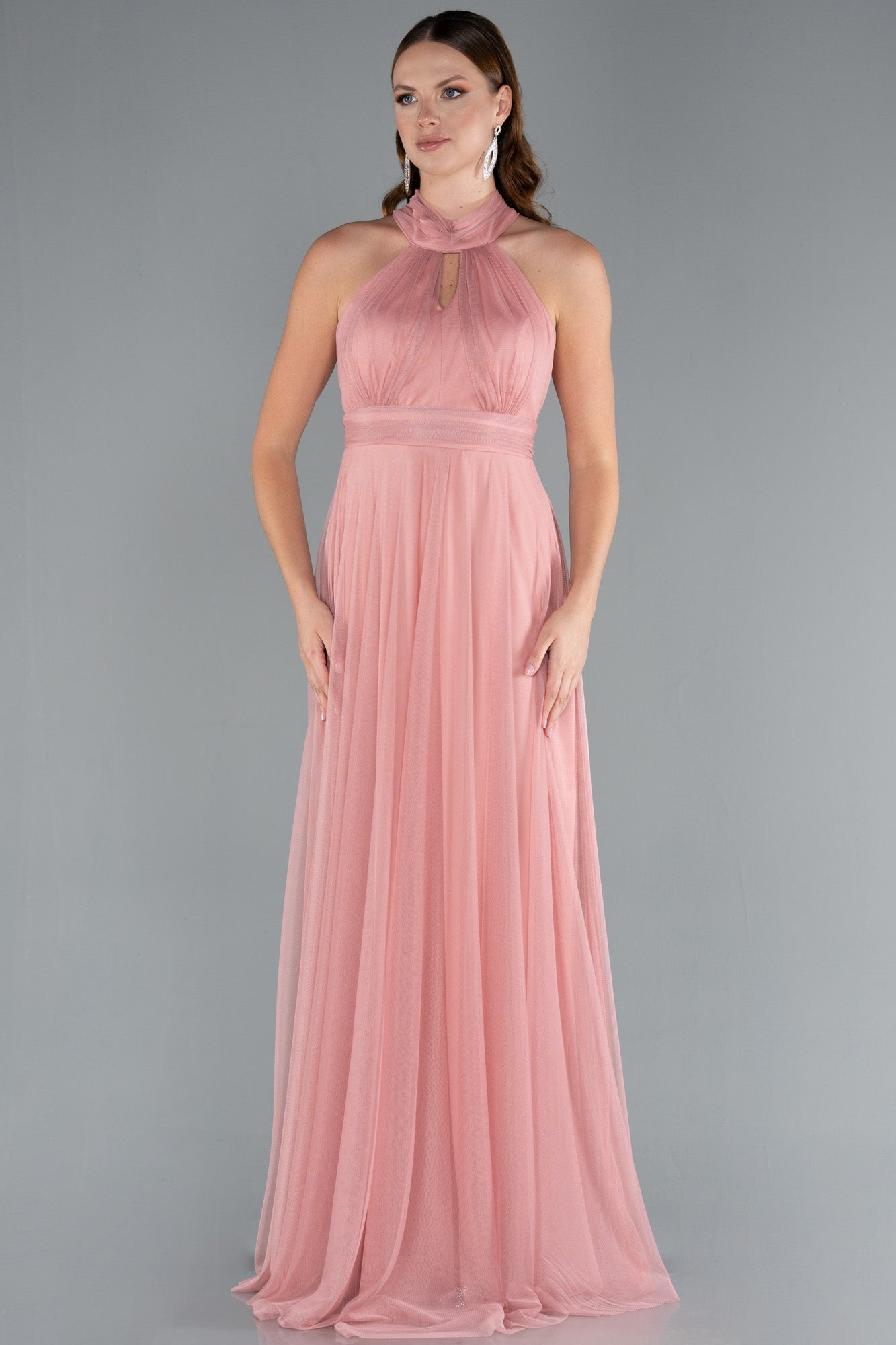 Long tulle party dress with halter neckline