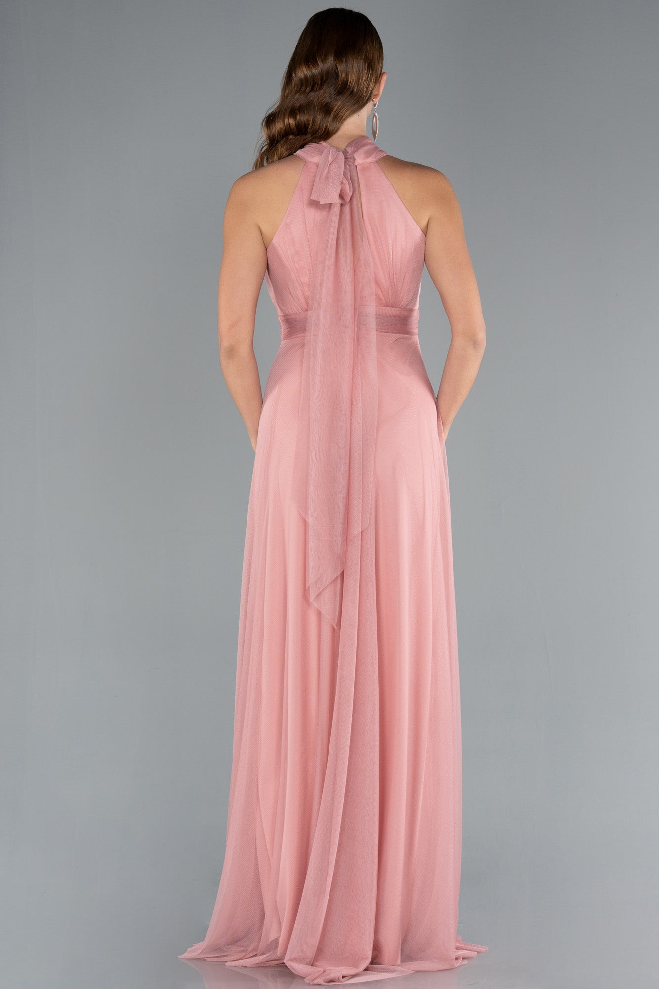 Long tulle party dress with halter neckline