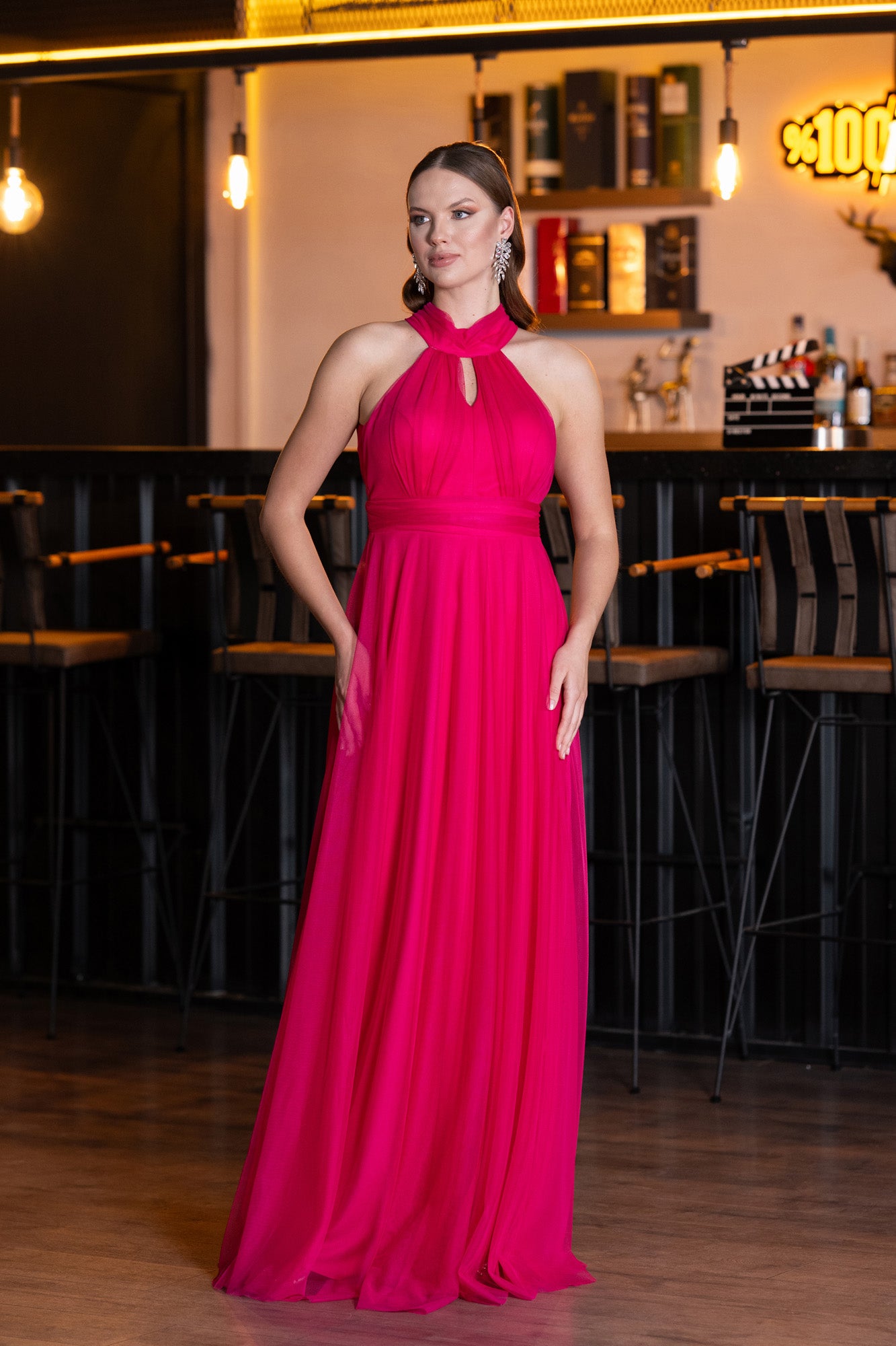 Long tulle party dress with halter neckline