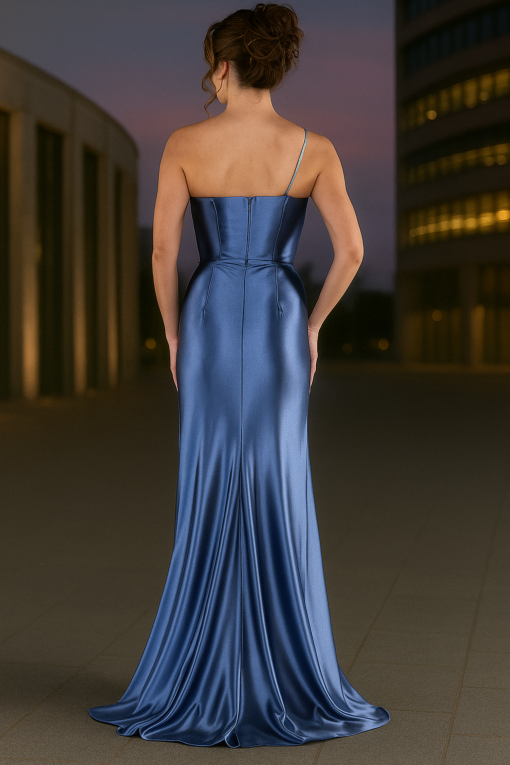 Long asymmetrical satin evening dress with side slit