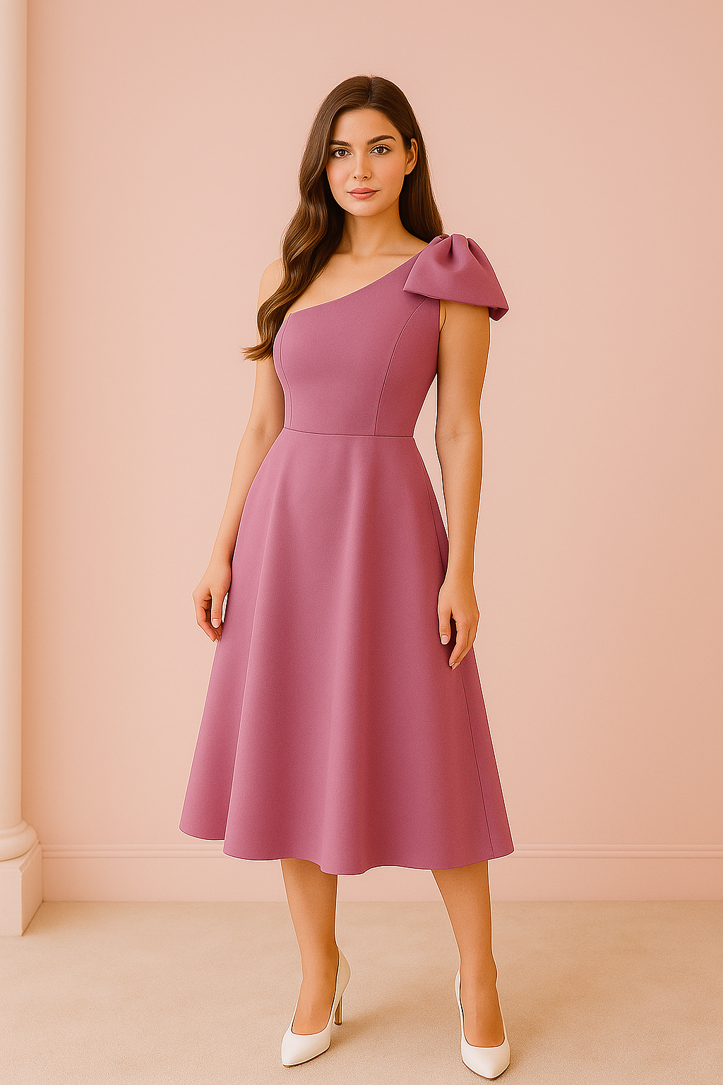 Guest midi dress with flare and bow detail