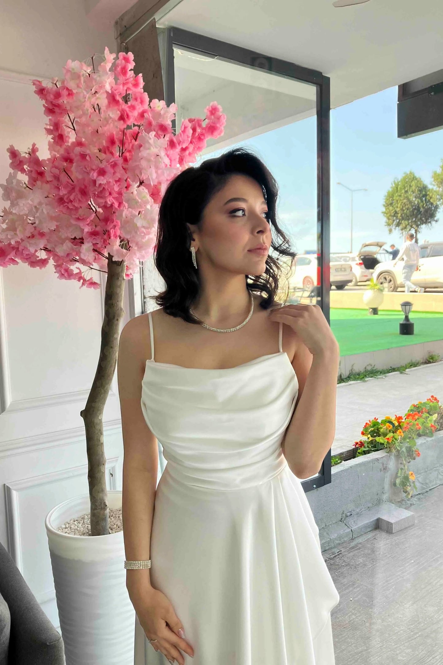 Off-white corset-style wedding dress