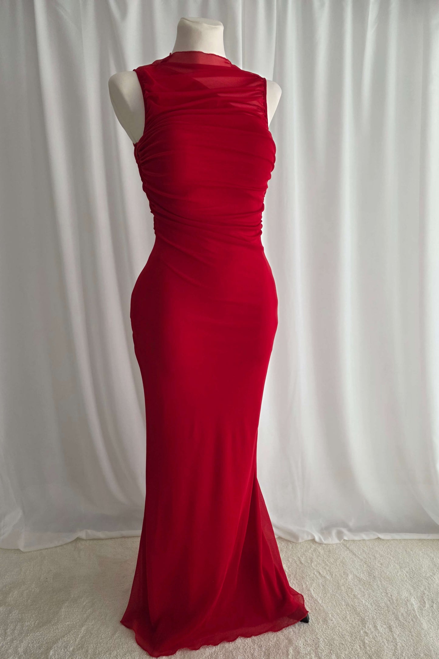Red draped guest party dress