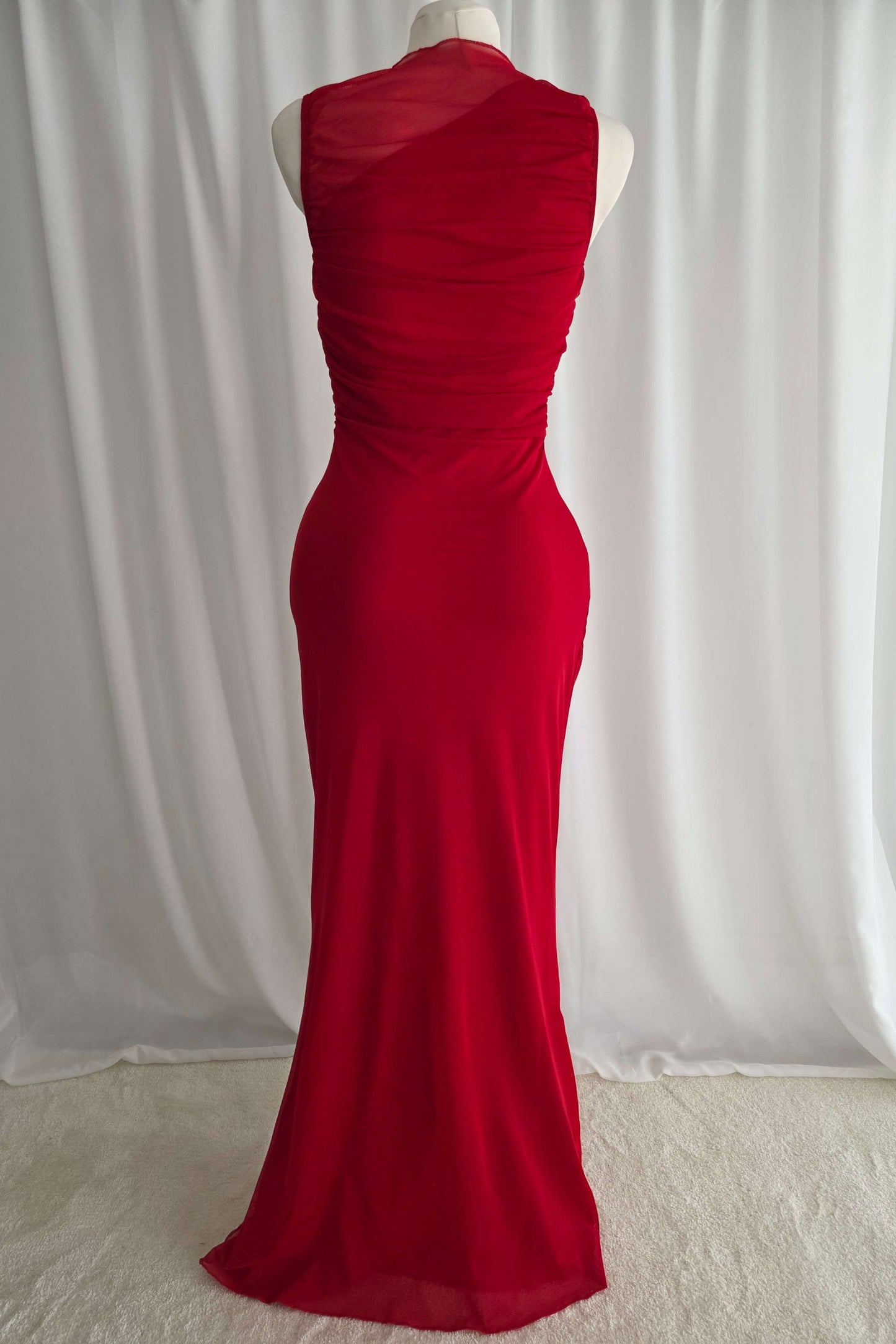 Red draped guest party dress
