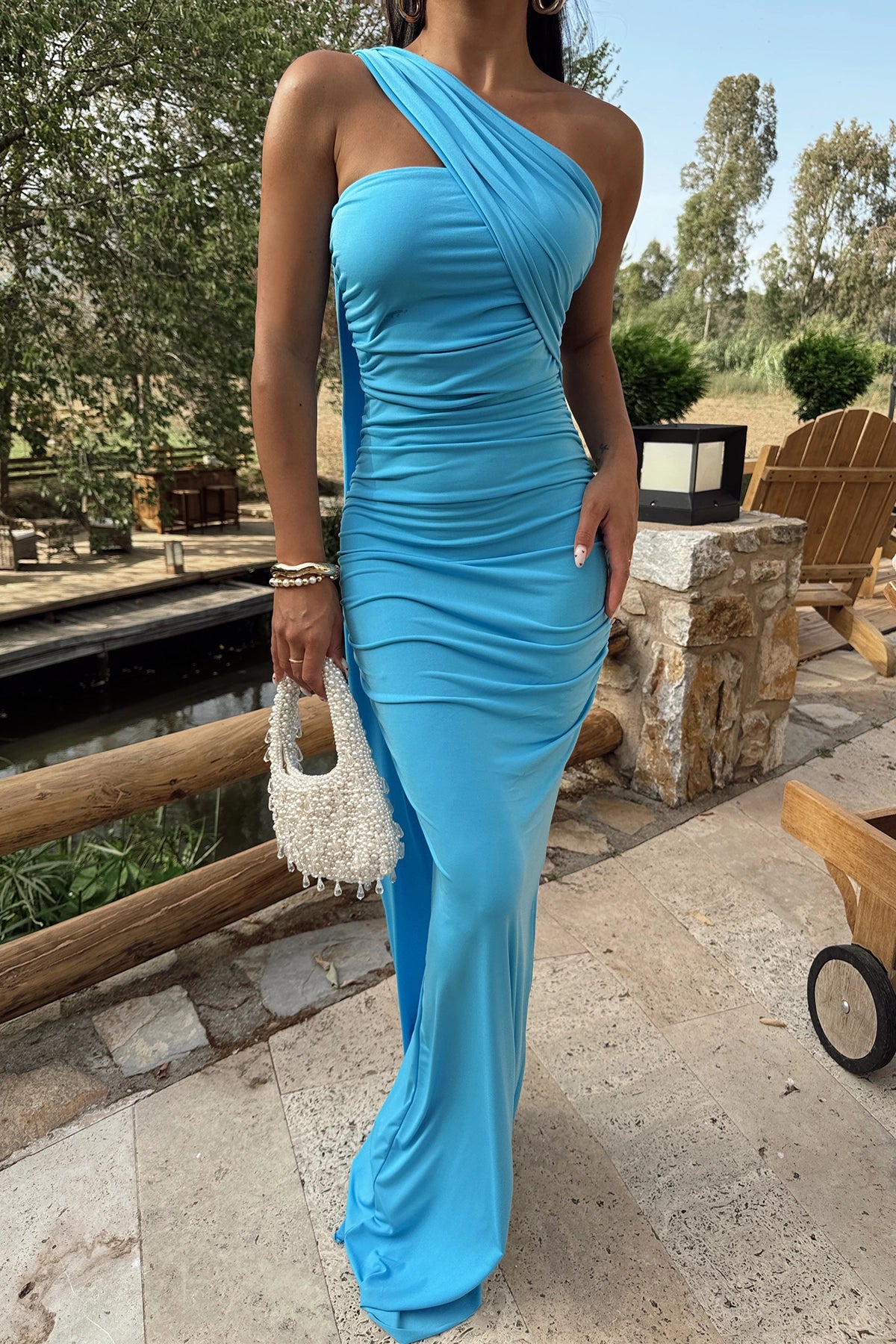 Light blue strapless dress with multi-position bow