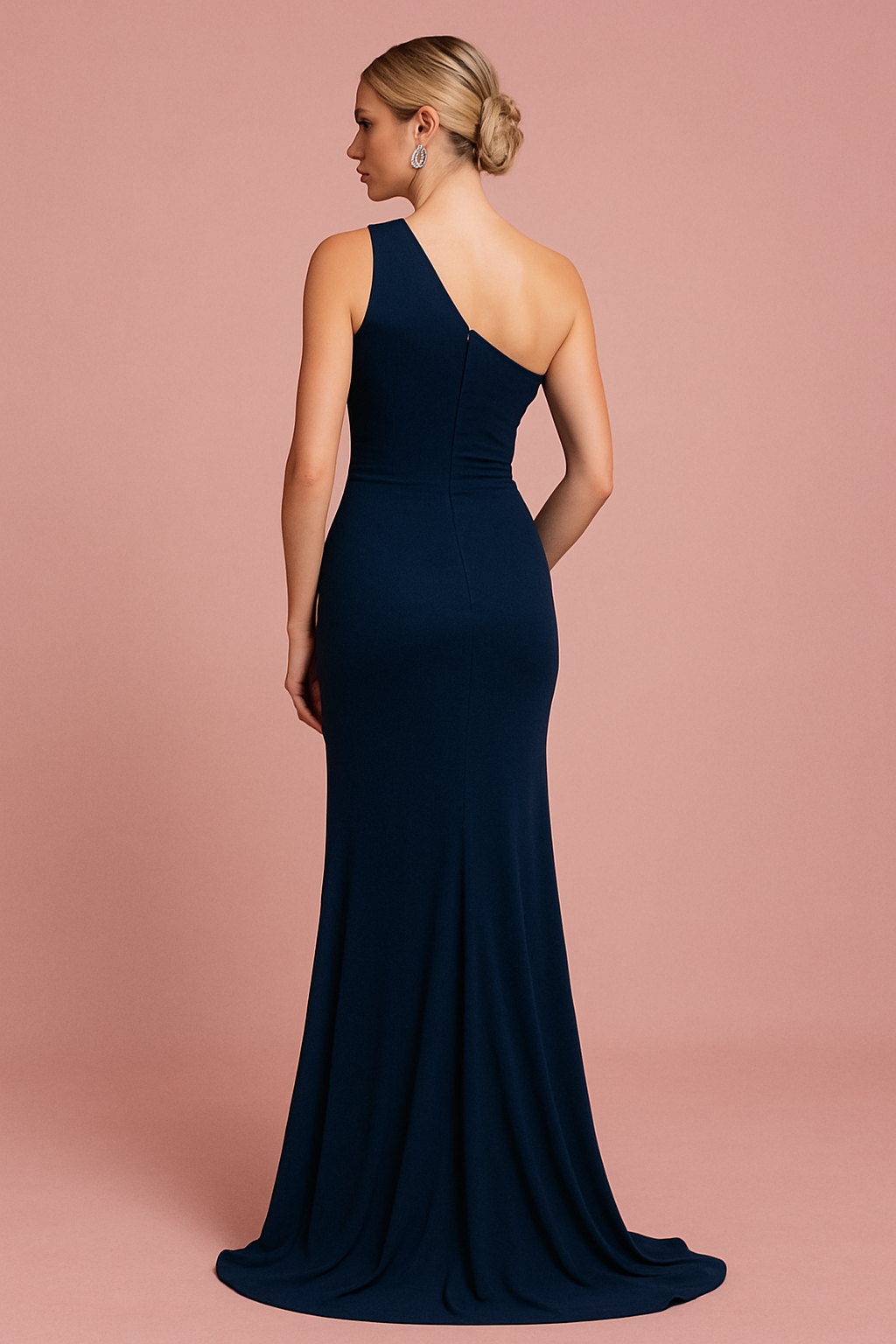 Asymmetrical navy blue guest dress with slit and silver detail