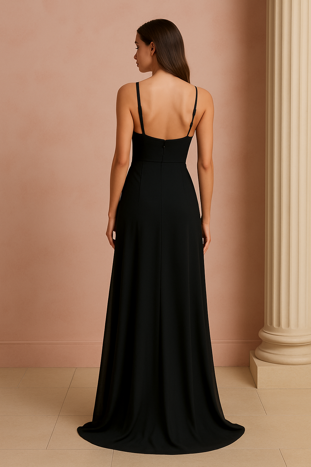 Long black dress with chiffon fabric and V-neckline