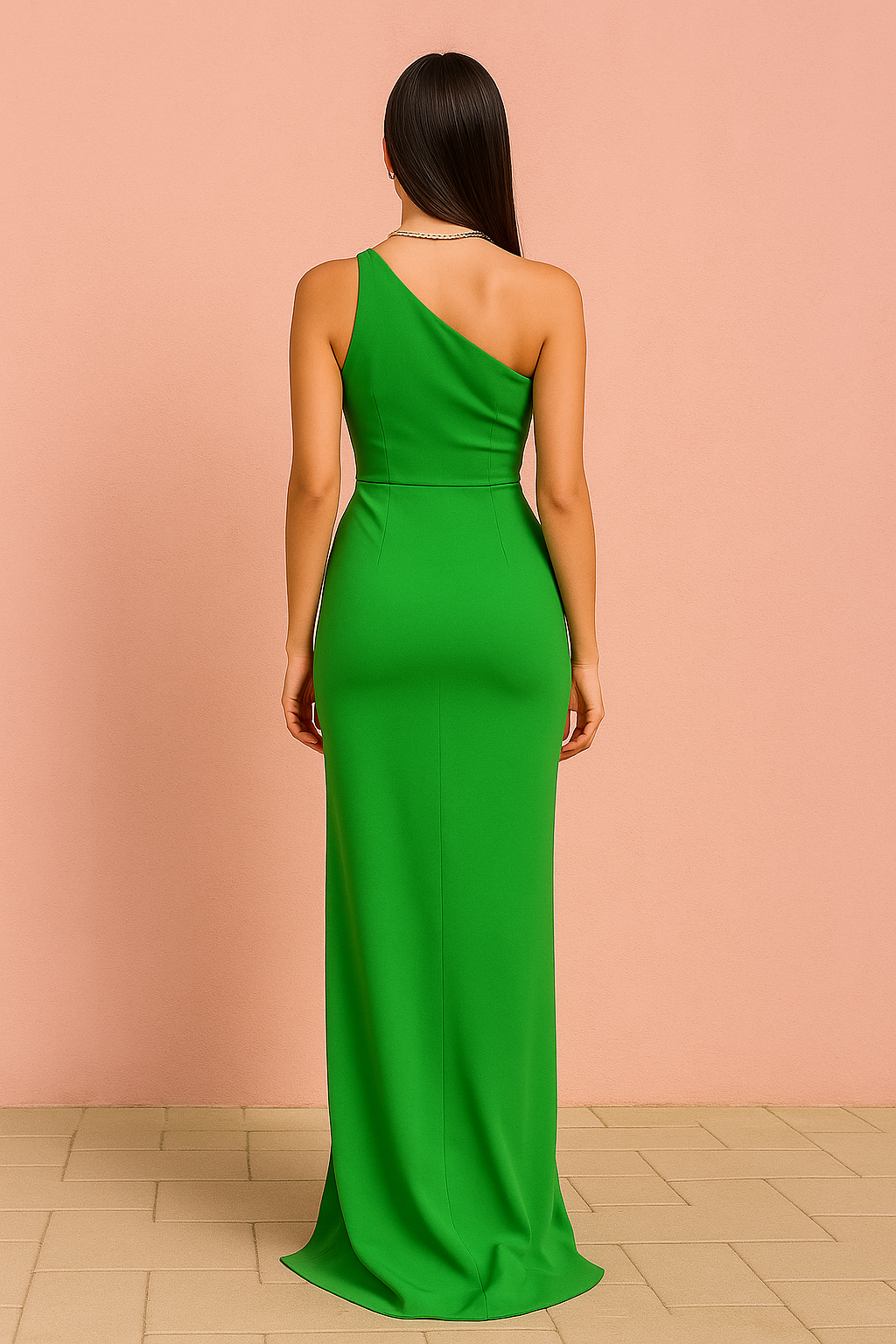Long asymmetrical green party dress with slit