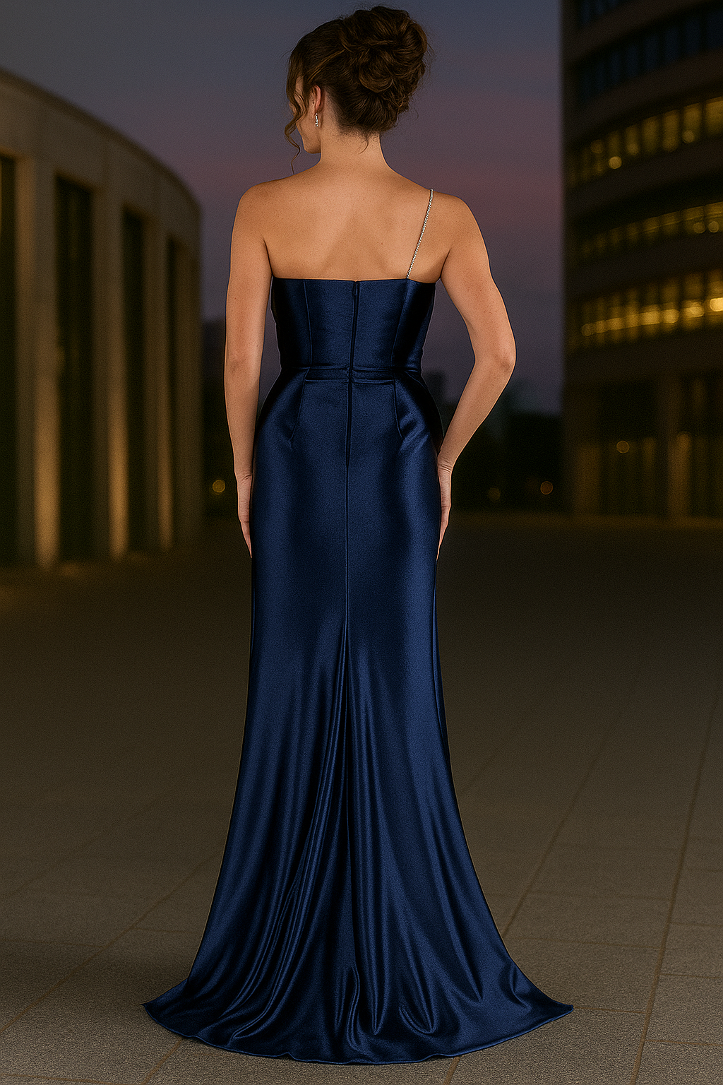 Long asymmetrical satin evening dress with side slit