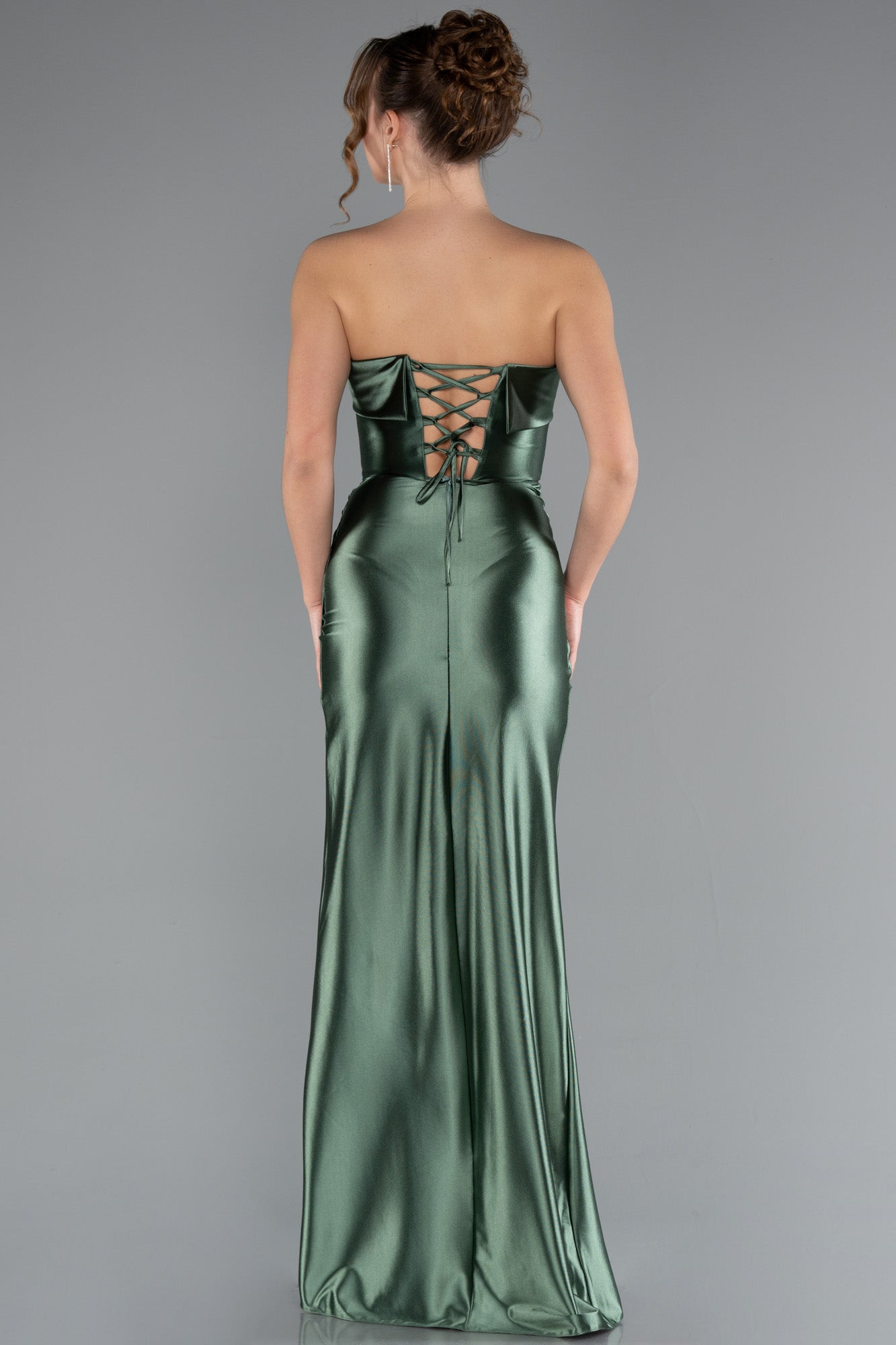 Long green satin dress with corset back slit
