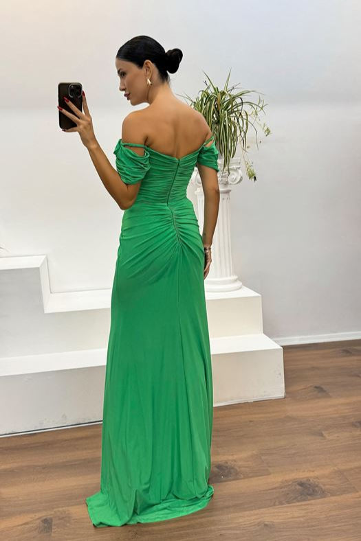 Green party dress with a bardot neckline