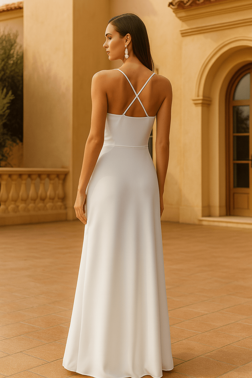 Wedding dress with soft neckline and decorative buttons