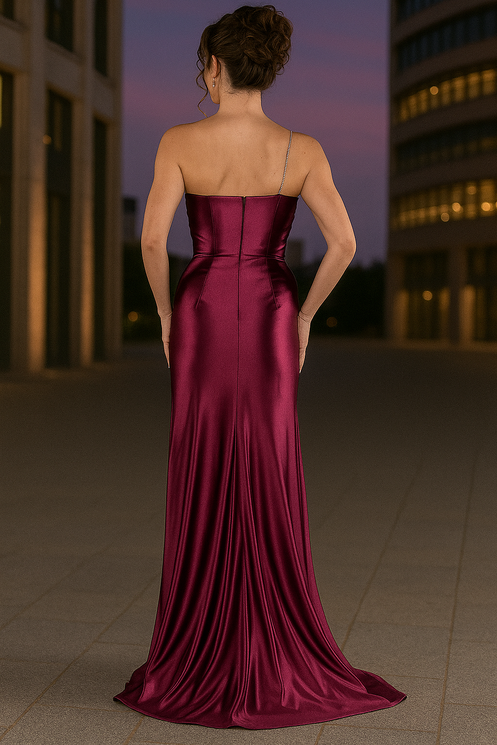 Long asymmetrical satin evening dress with side slit