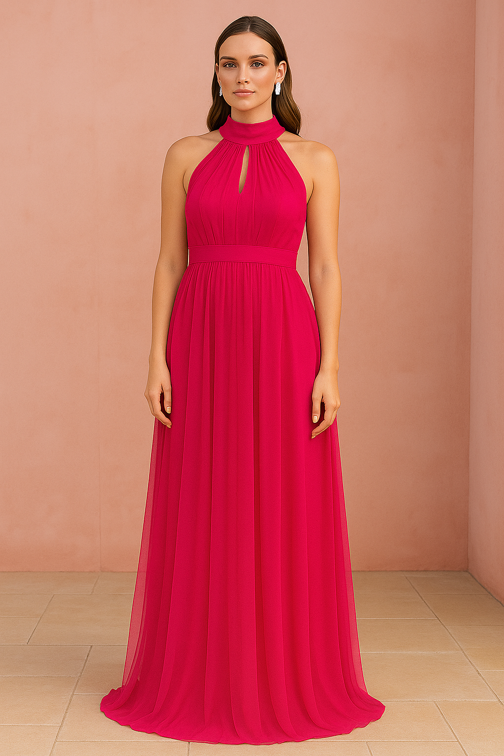 Long tulle party dress with halter neckline
