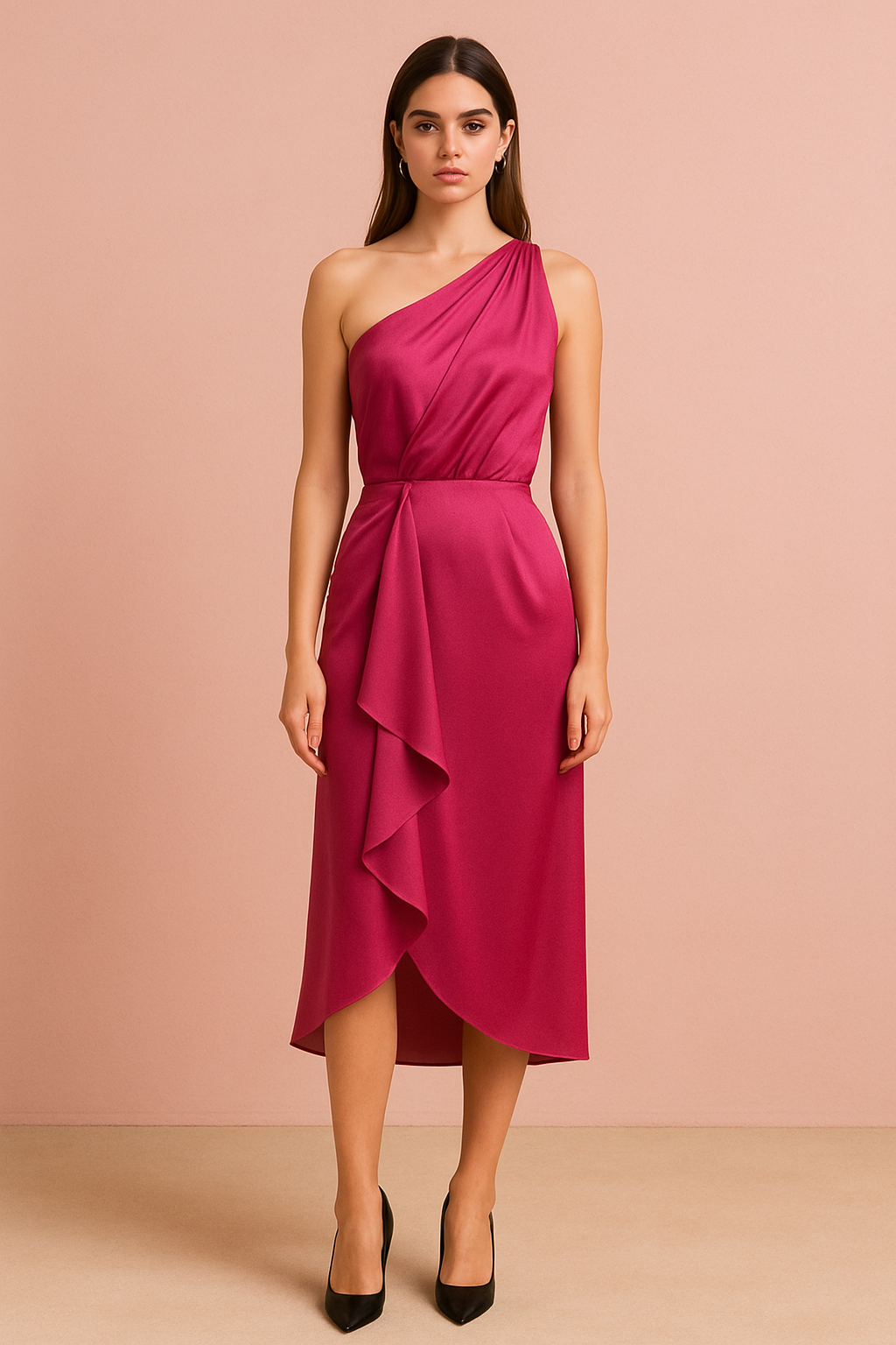 Asymmetrical fuchsia midi dress with ruffle
