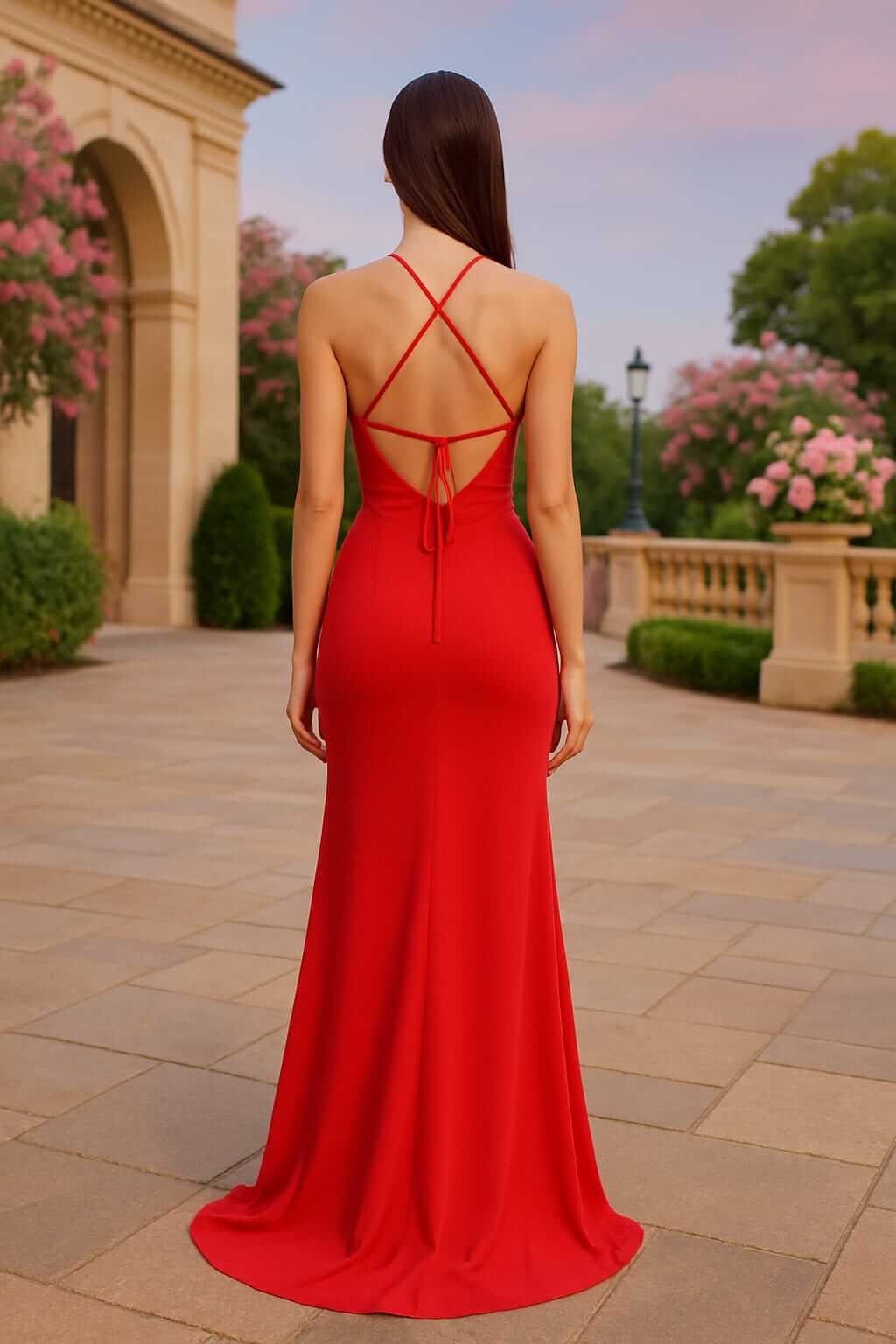 Vestido largo rojo con escote cruzado y abertura