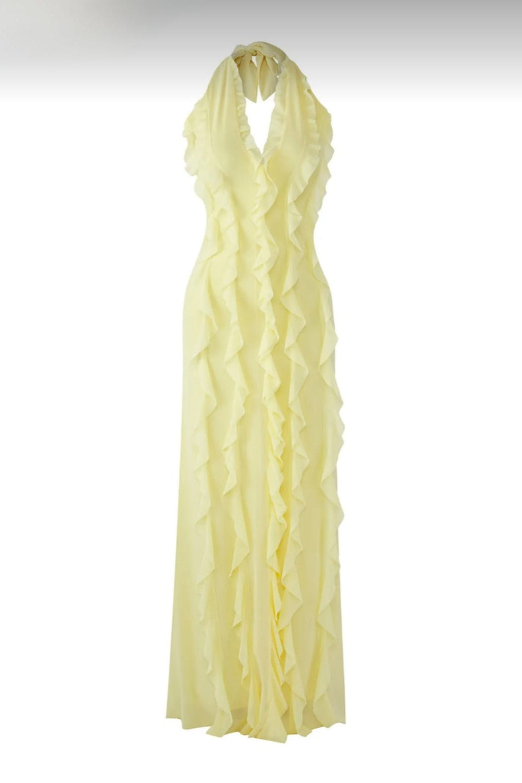 Pastel yellow dress with ruffles and halter neck
