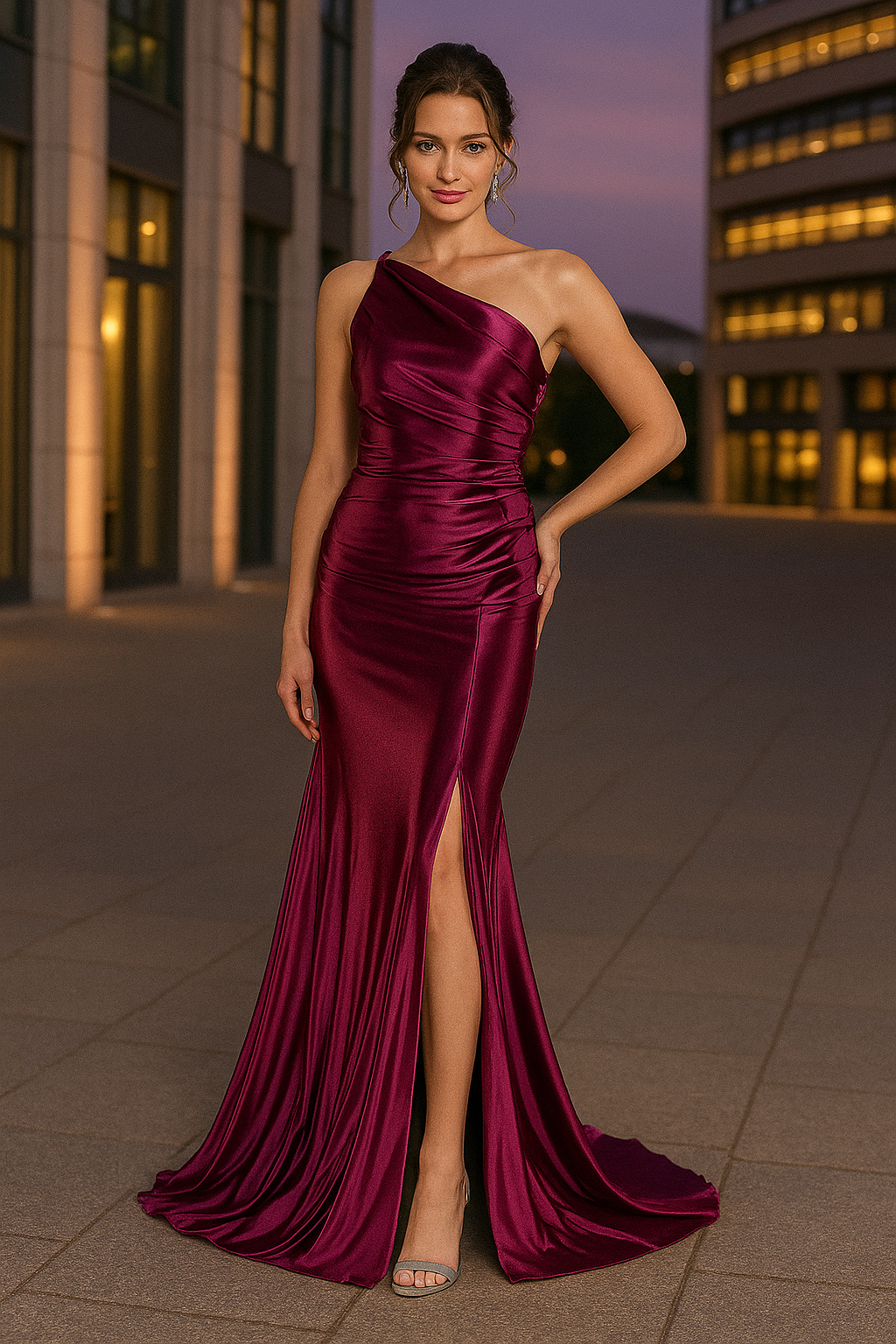Long asymmetrical satin evening dress with side slit