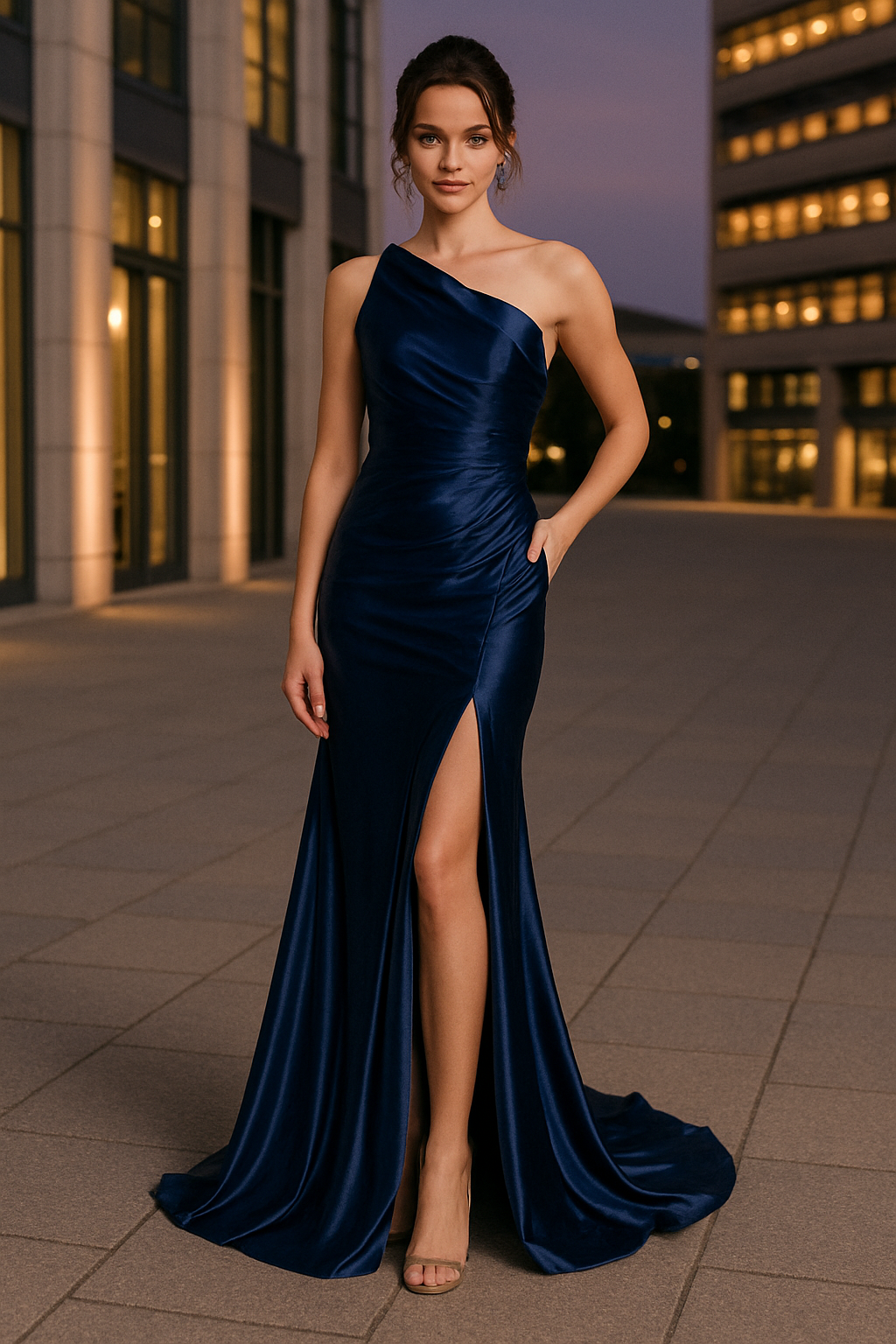 Long asymmetrical satin evening dress with side slit