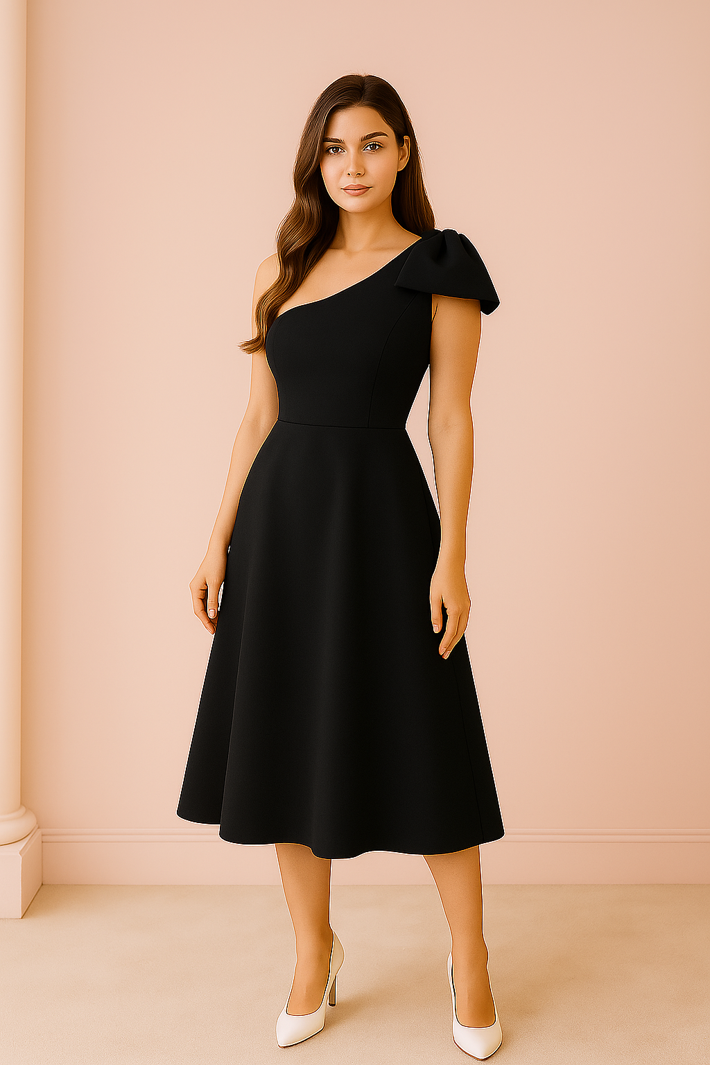 Guest midi dress with flare and bow detail