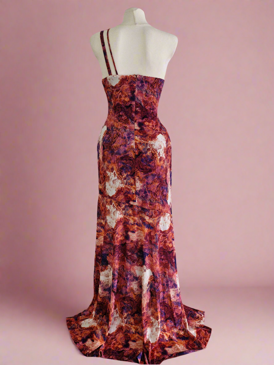 Long printed dress with asymmetrical neckline