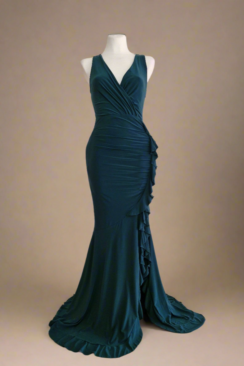 Long guest dress with ruffle detail