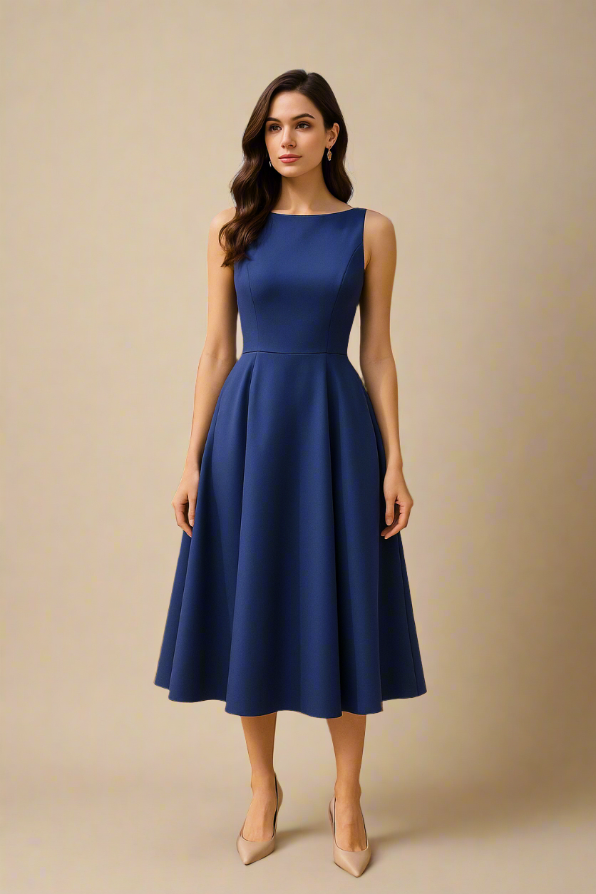 Blue midi dress with a straight neckline and light drape