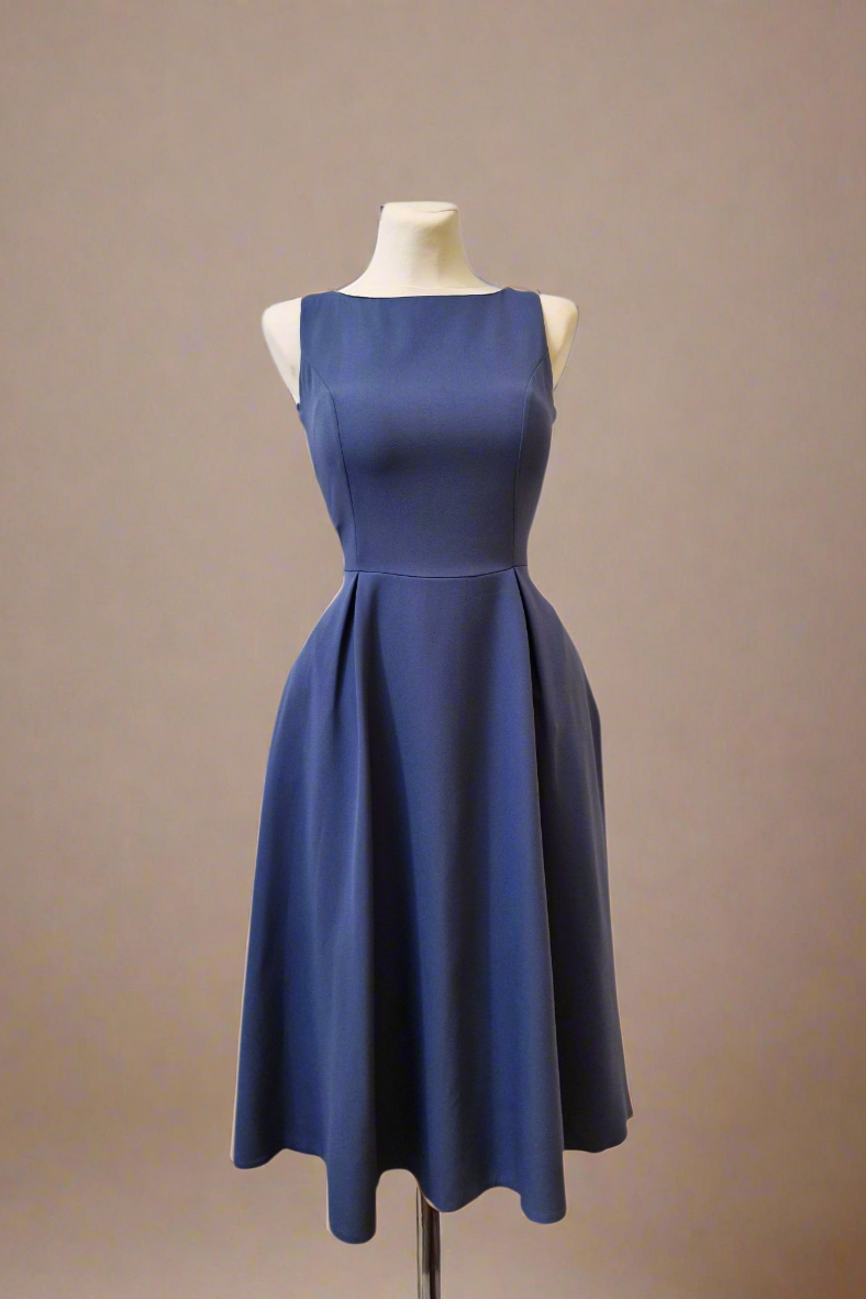 Blue midi dress with a straight neckline and light drape
