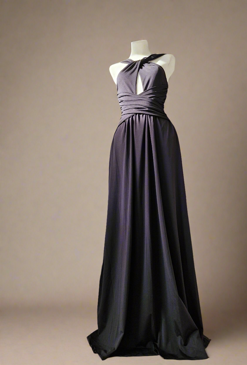 Long black party dress with elegant neckline for guests