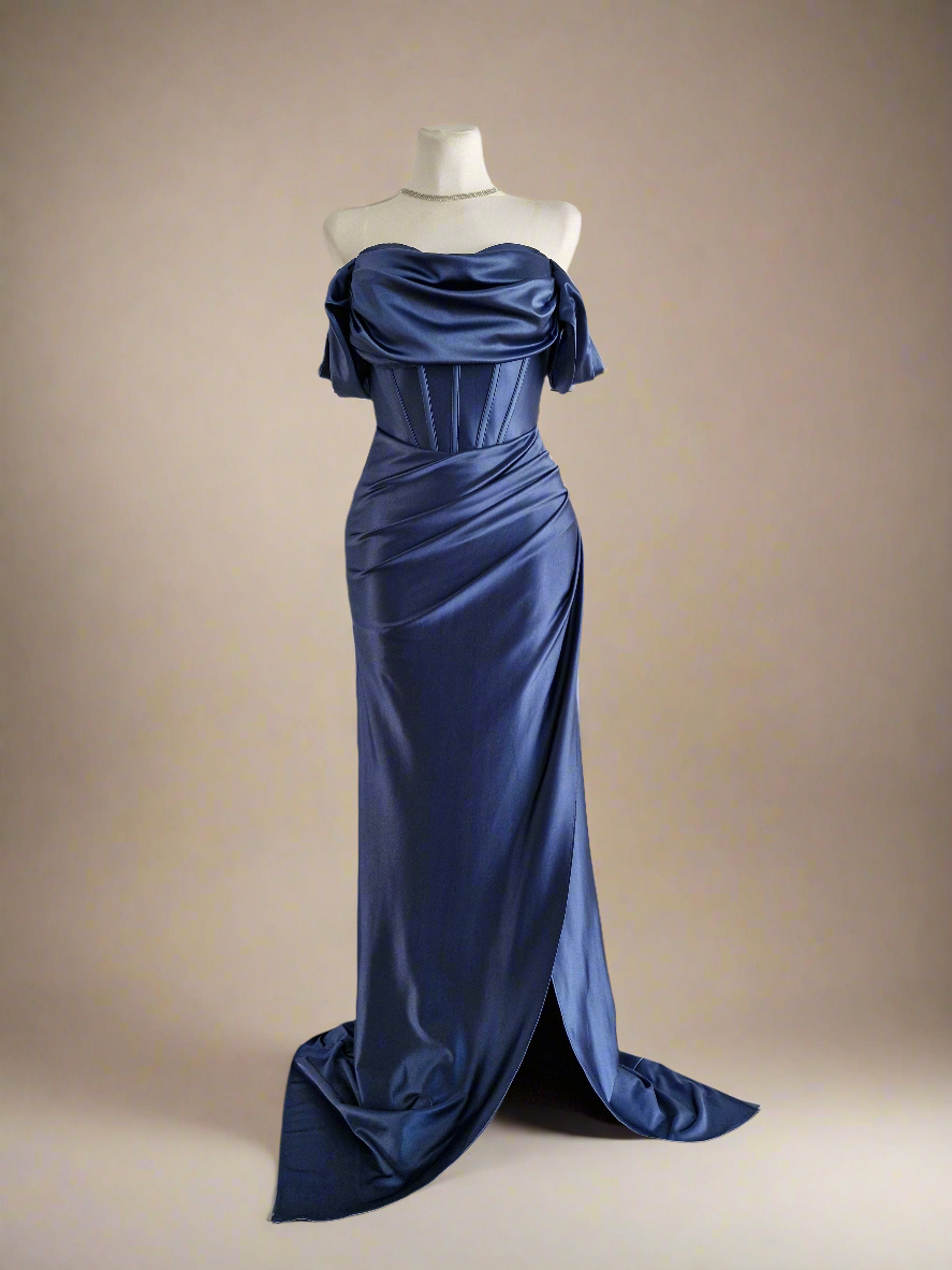 Long guest dress with corset and bardot neckline