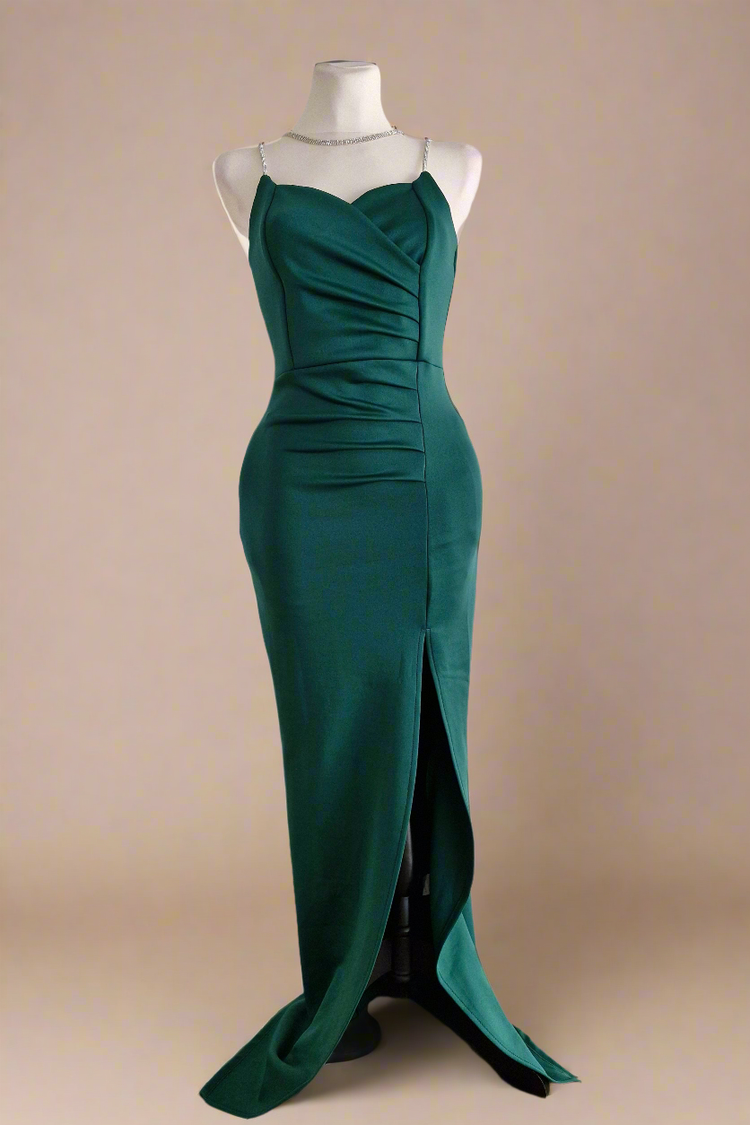 Long green party dress with silver straps