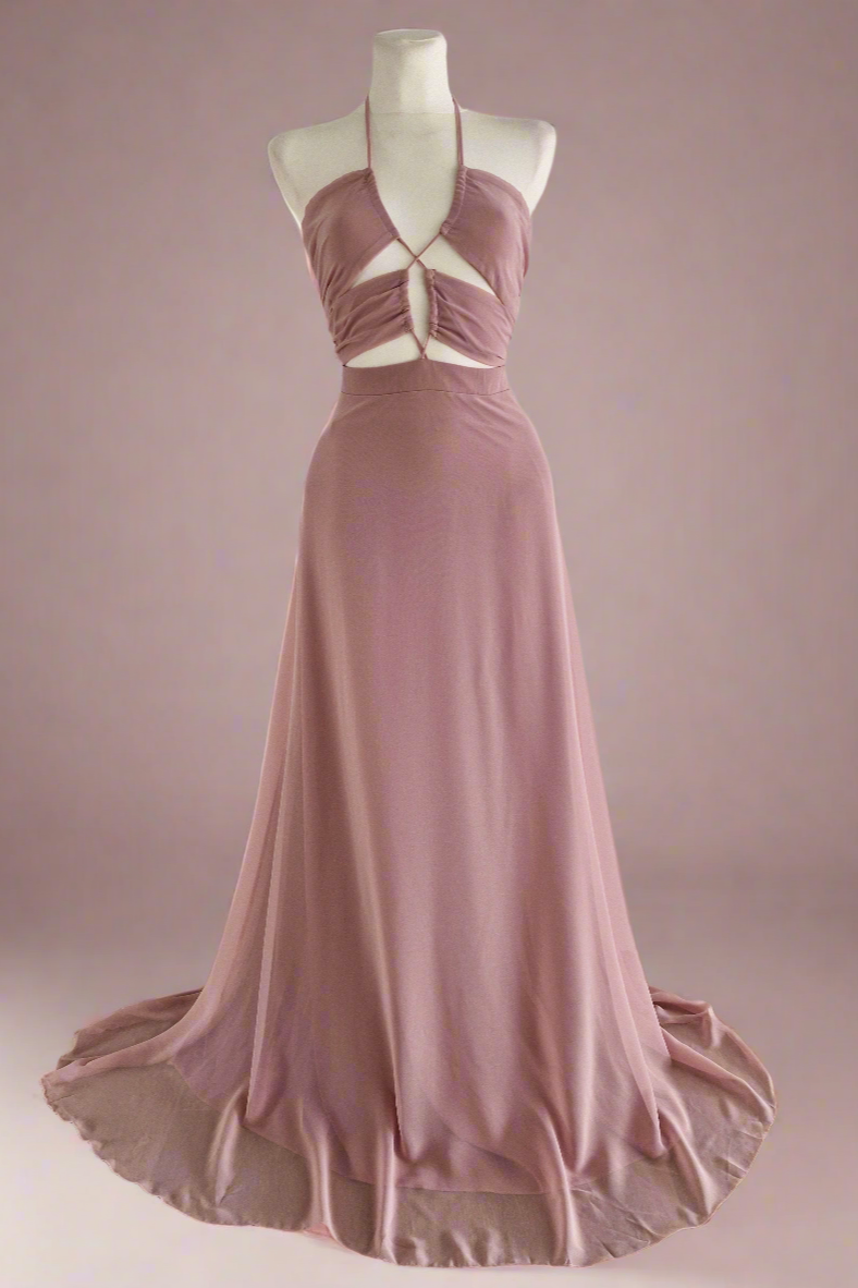 Long guest dress with pink chiffon fabric