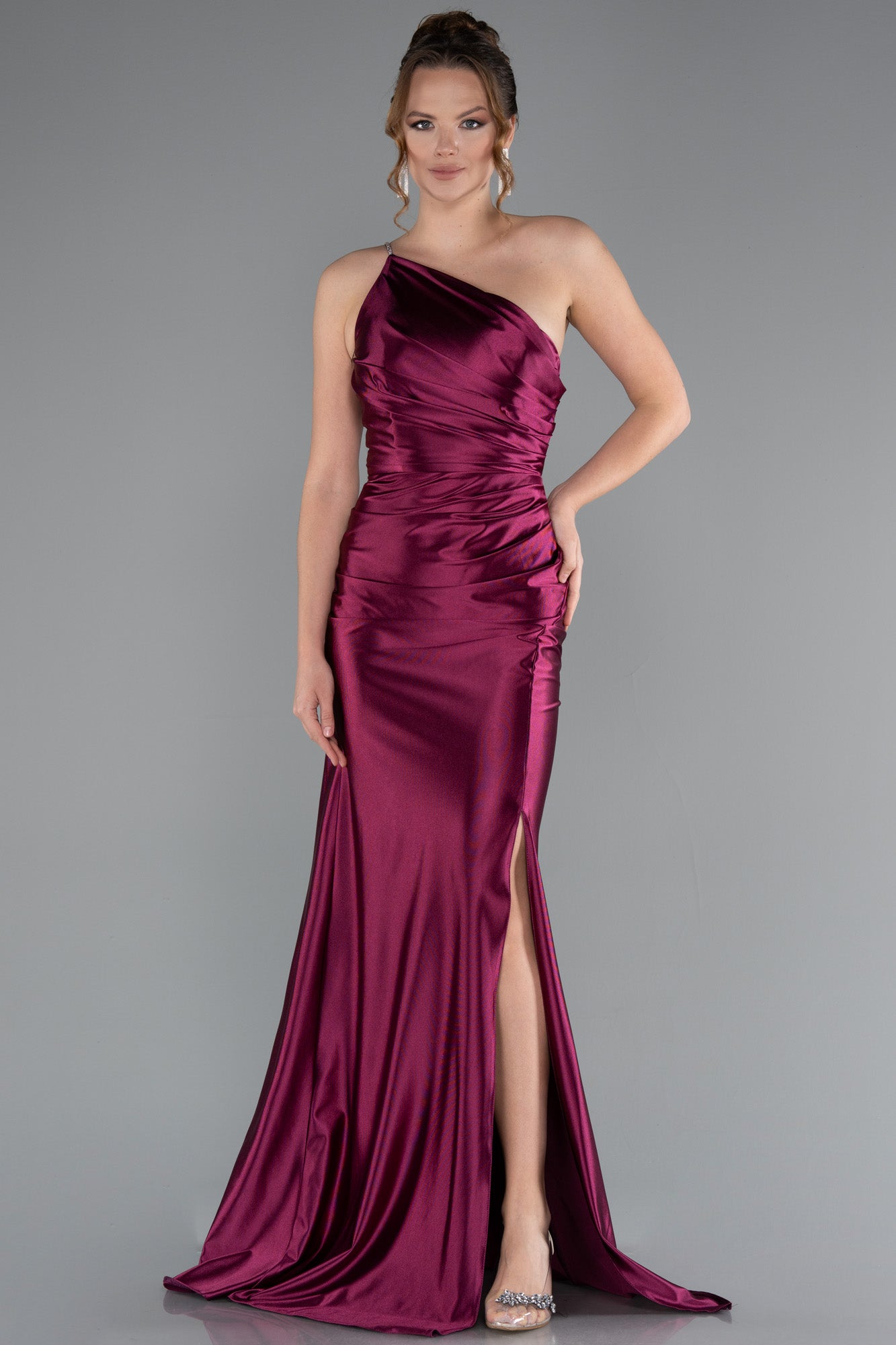 Long asymmetrical satin evening dress with side slit
