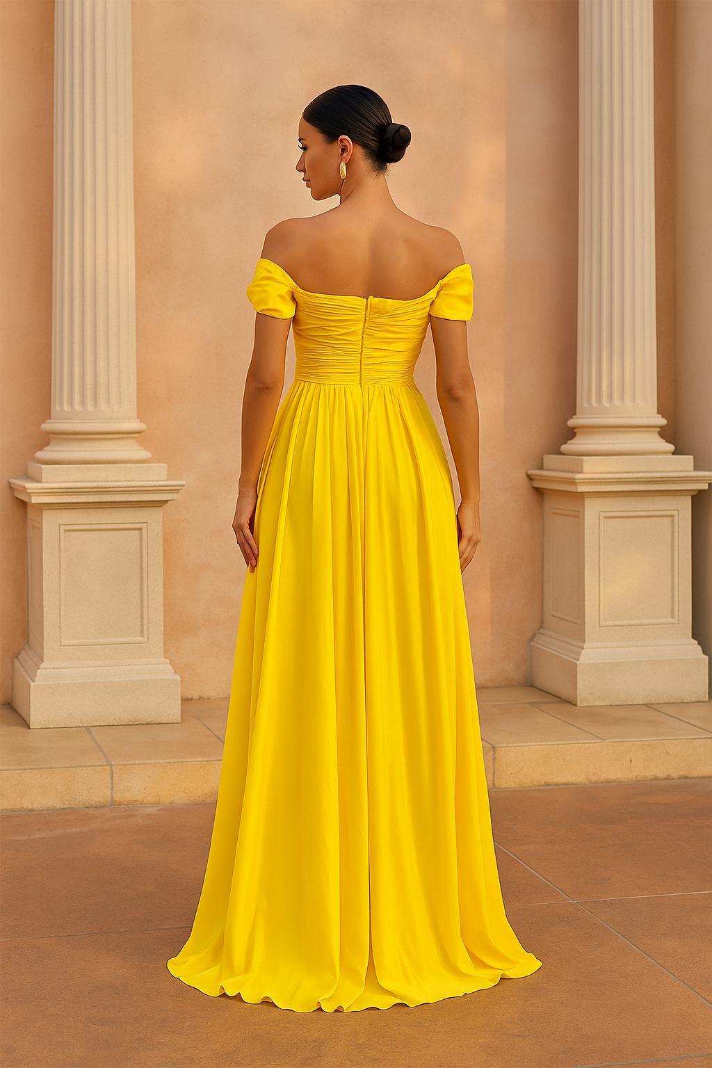 Long yellow guest dress with bardot neckline