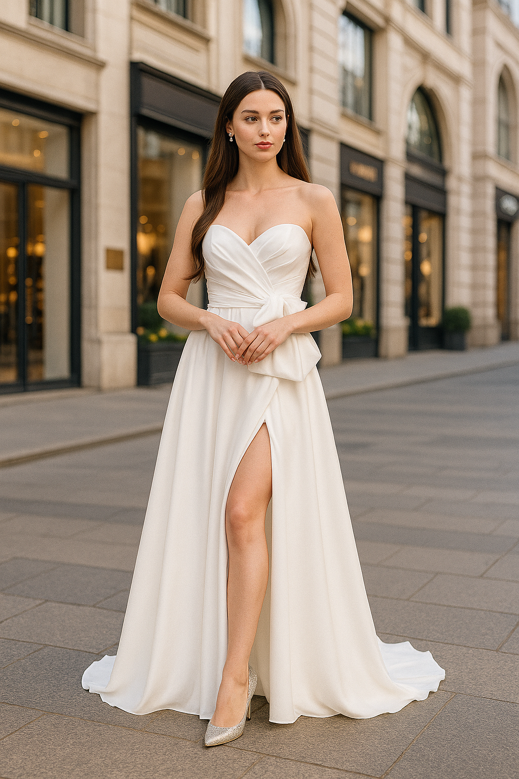 Strapless wedding dress with bow detail