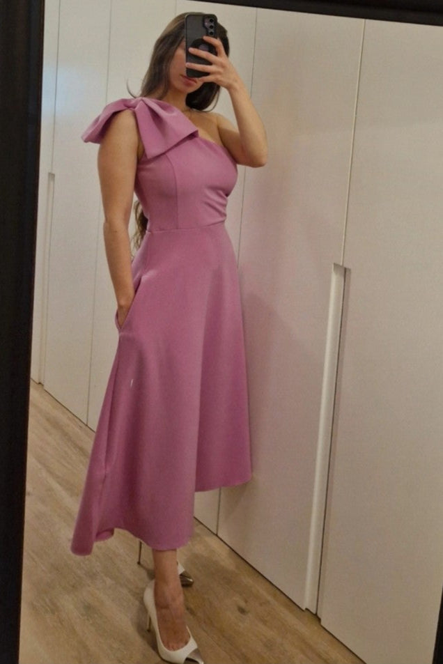 Guest midi dress with flare and bow detail