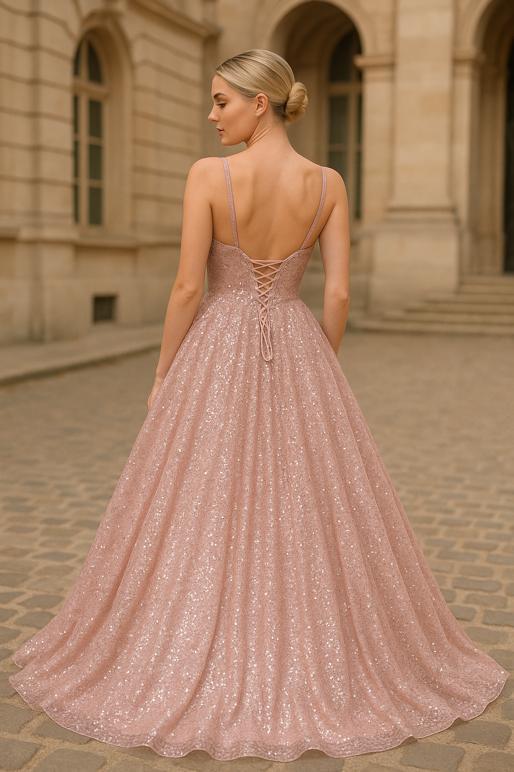 Pink princess-cut dress with corset and sequins
