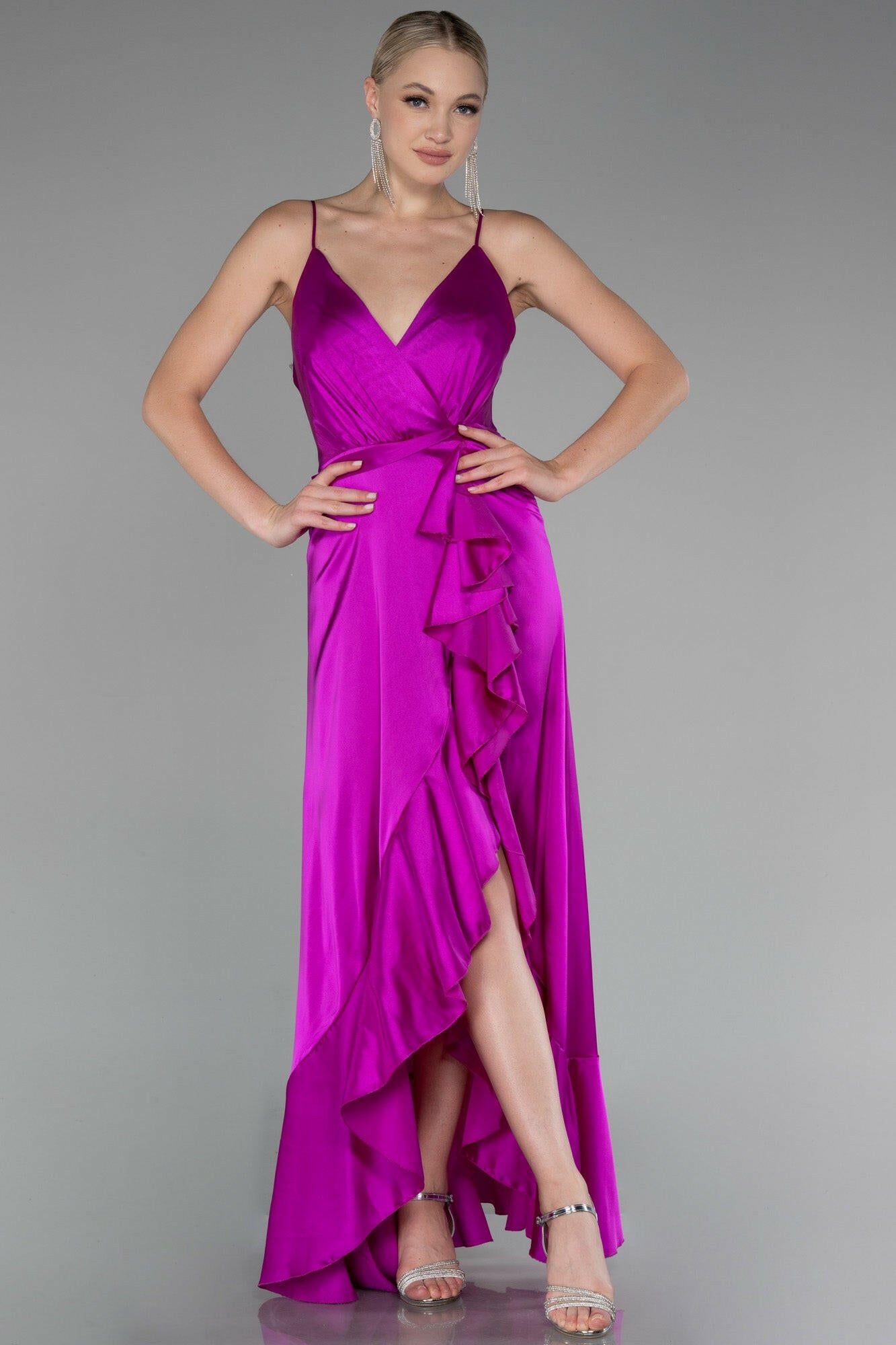 Long fuchsia dress with crossover neckline and corset