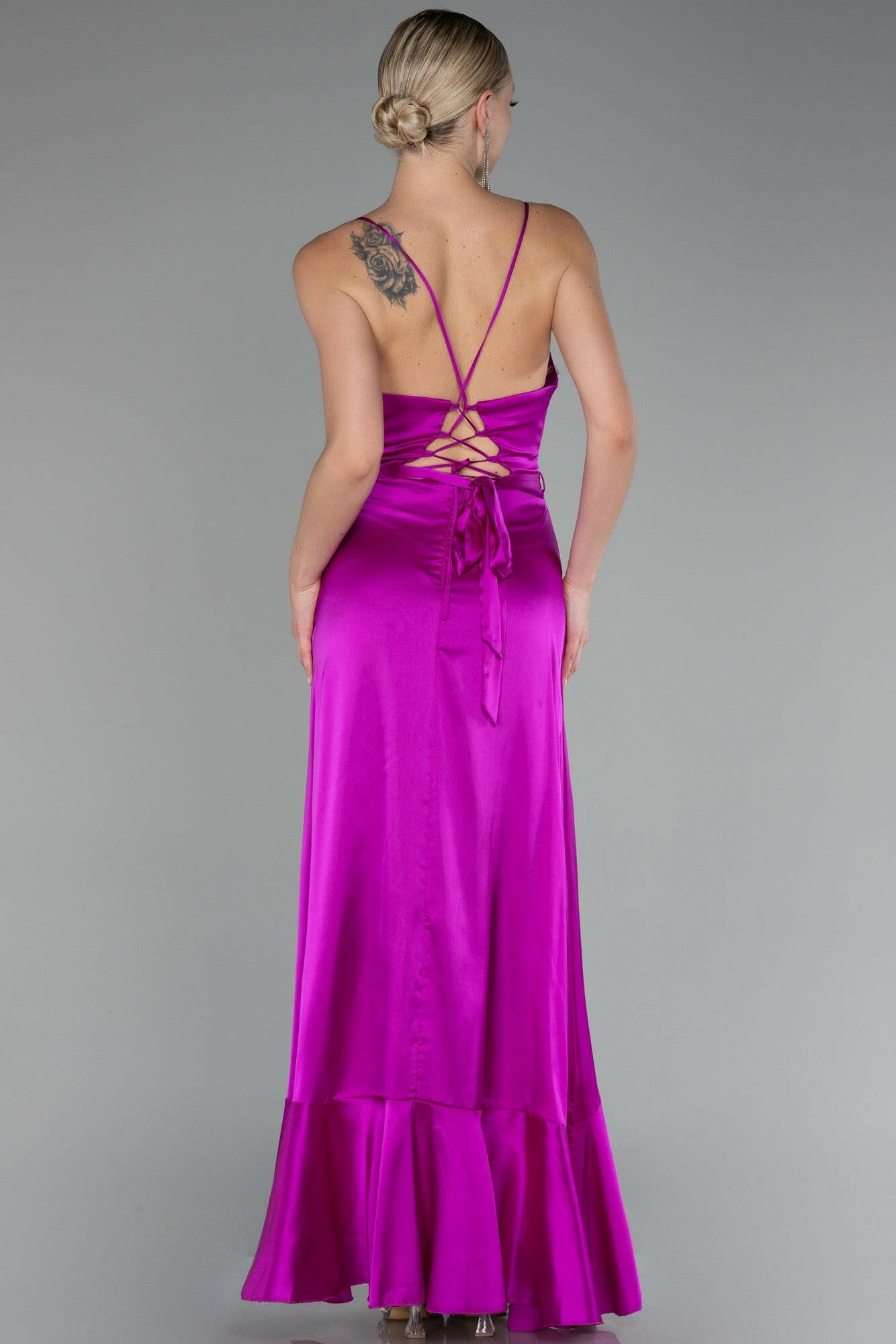 Long fuchsia dress with crossover neckline and corset
