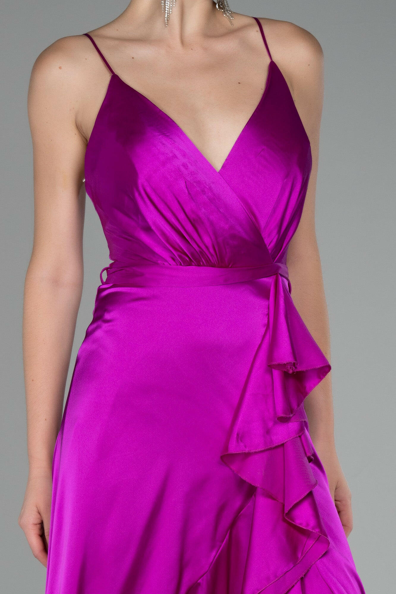Long fuchsia dress with crossover neckline and corset