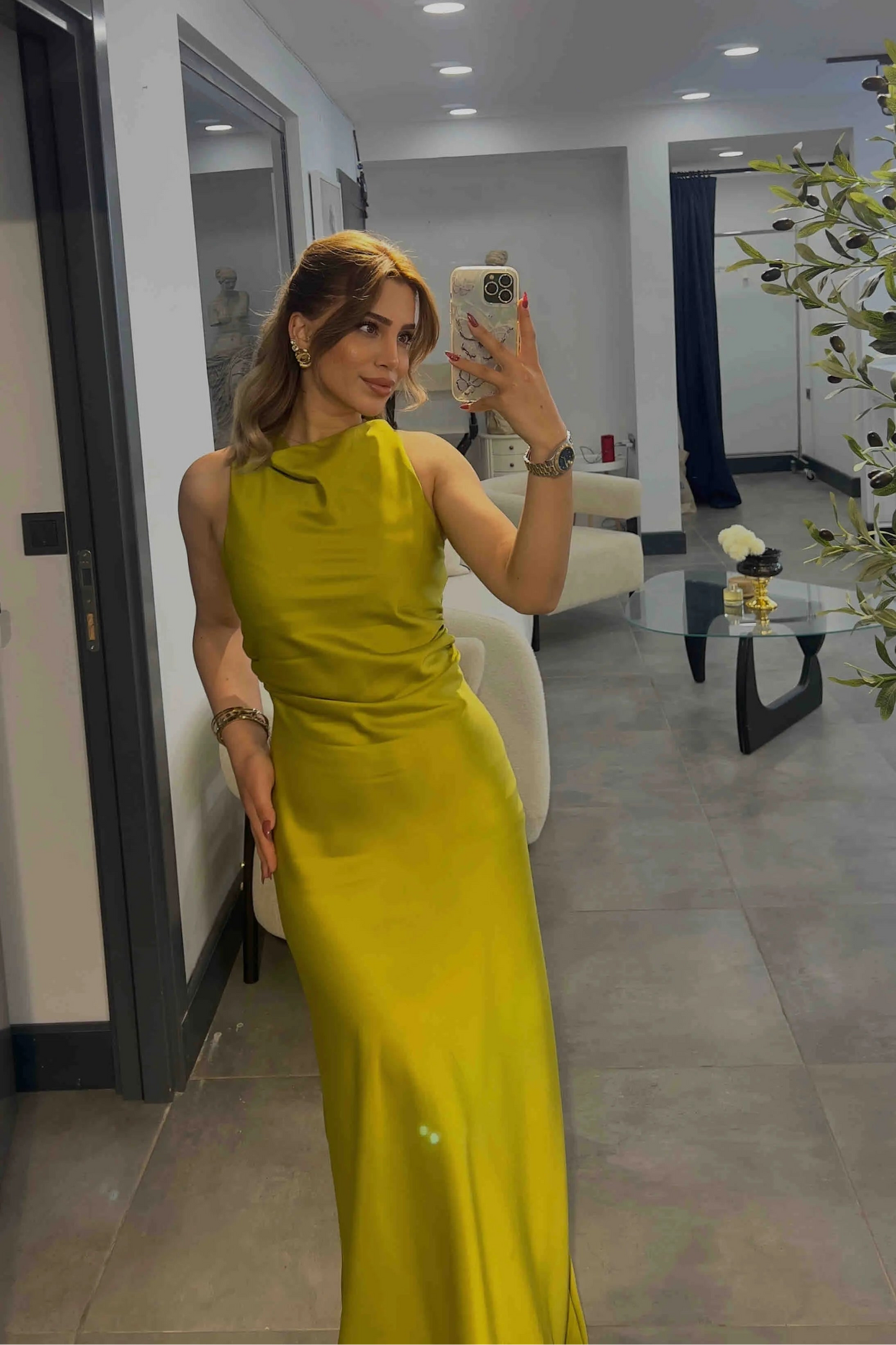 Lime-colored satin long dress with gathering