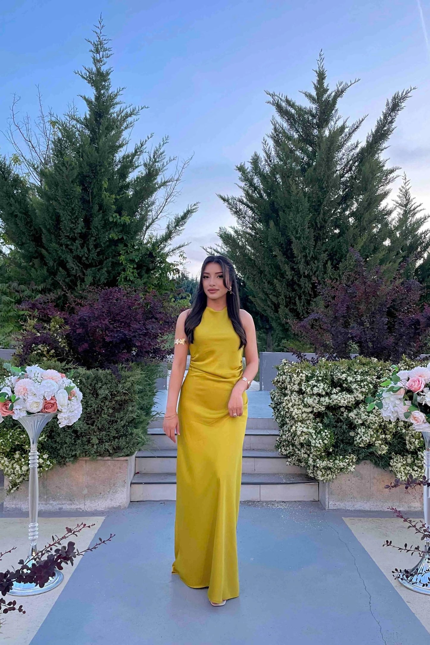 Lime-colored satin long dress with gathering