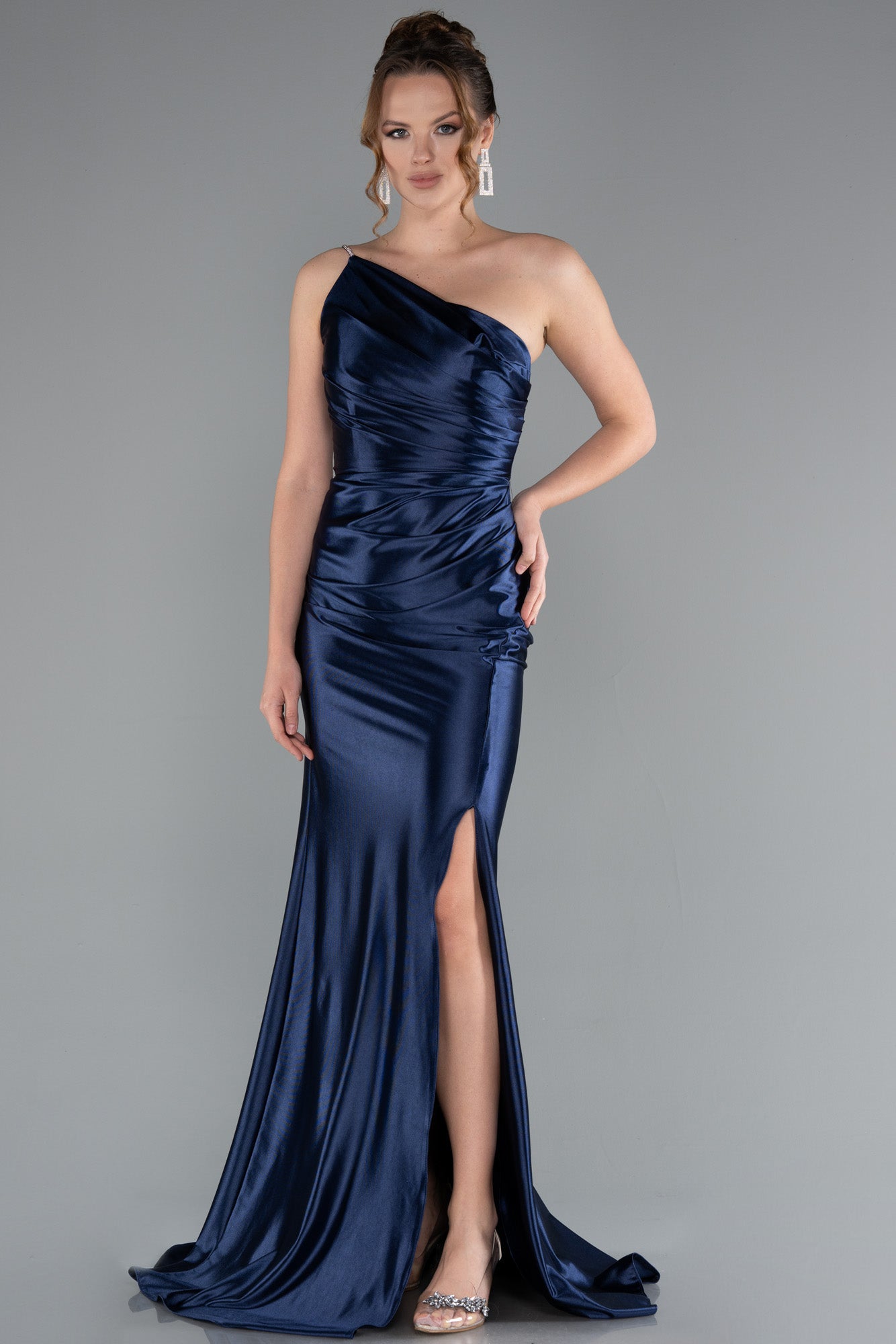 Long asymmetrical satin evening dress with side slit