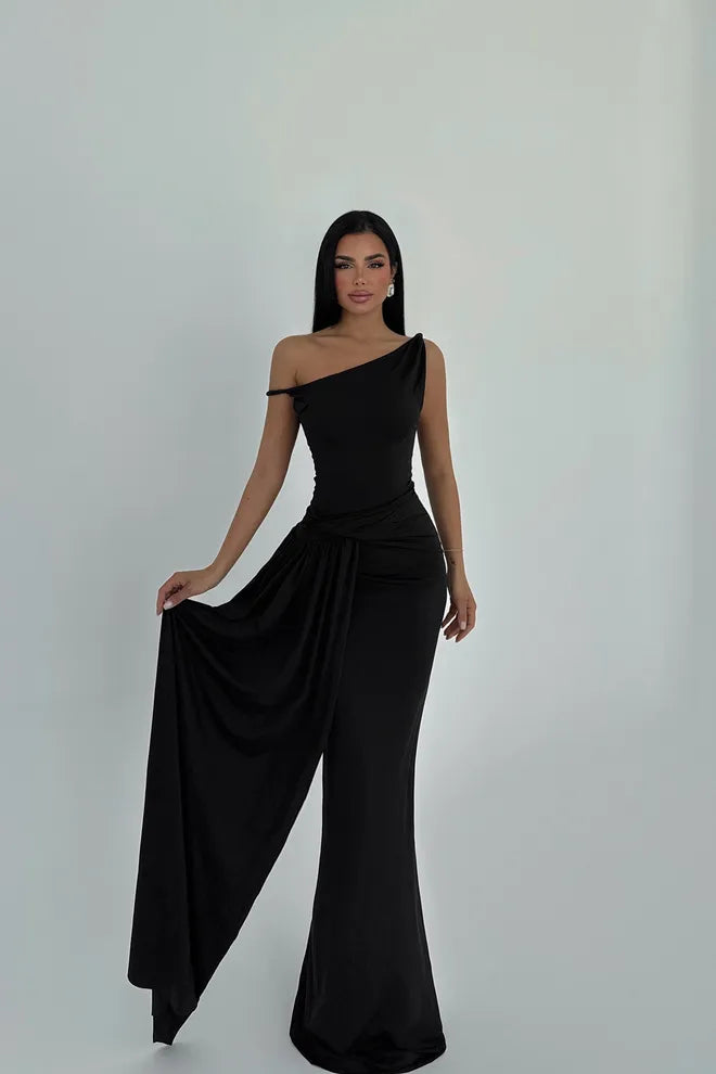 Long black asymmetrical party dress