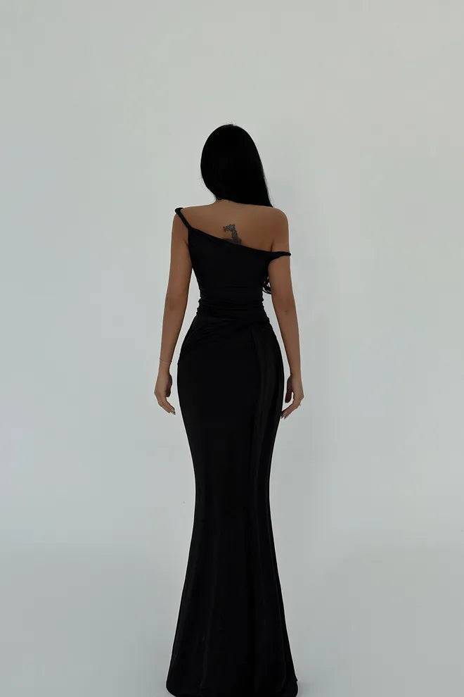 Long black asymmetrical party dress