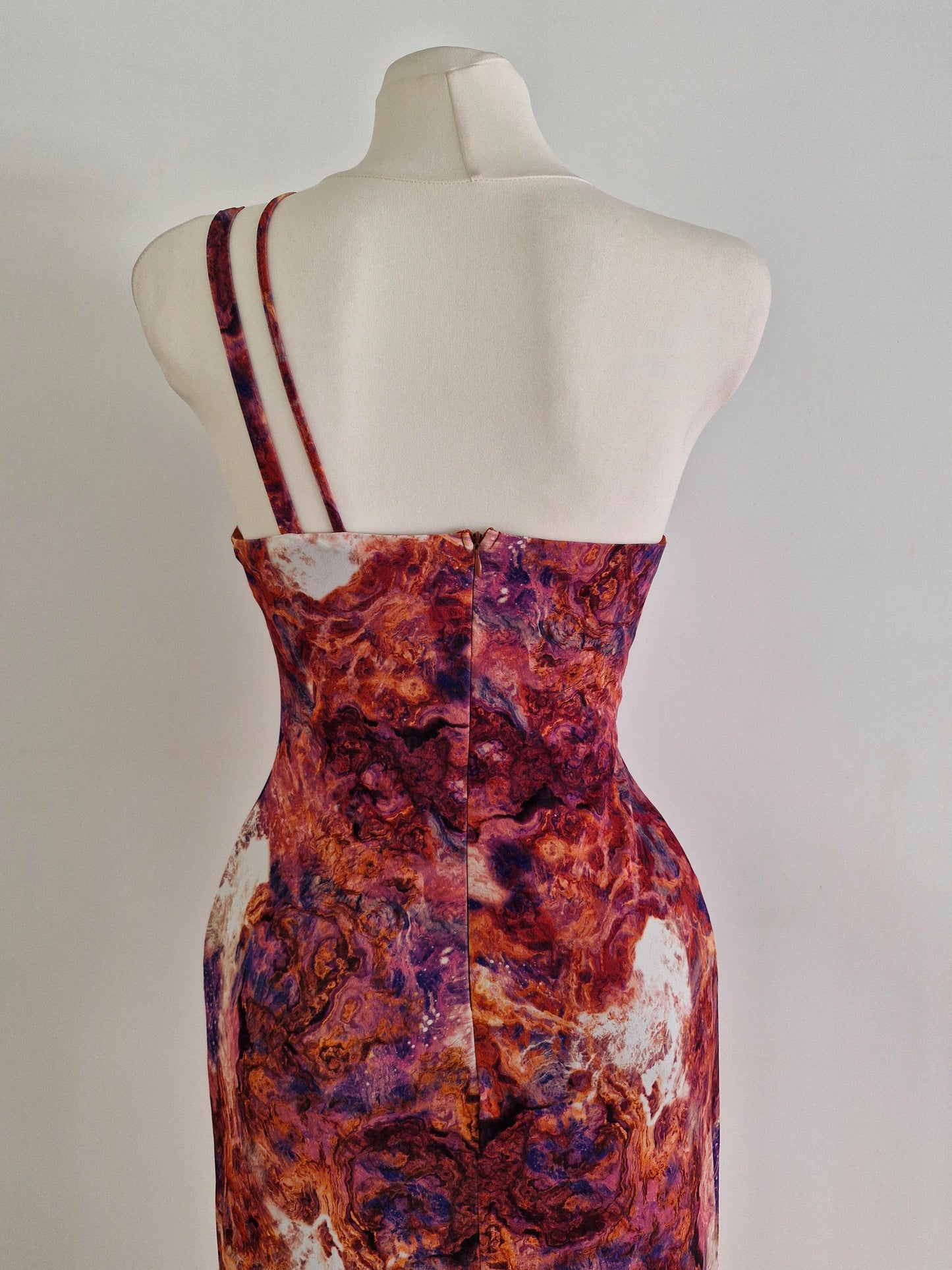 Long printed dress with asymmetrical neckline