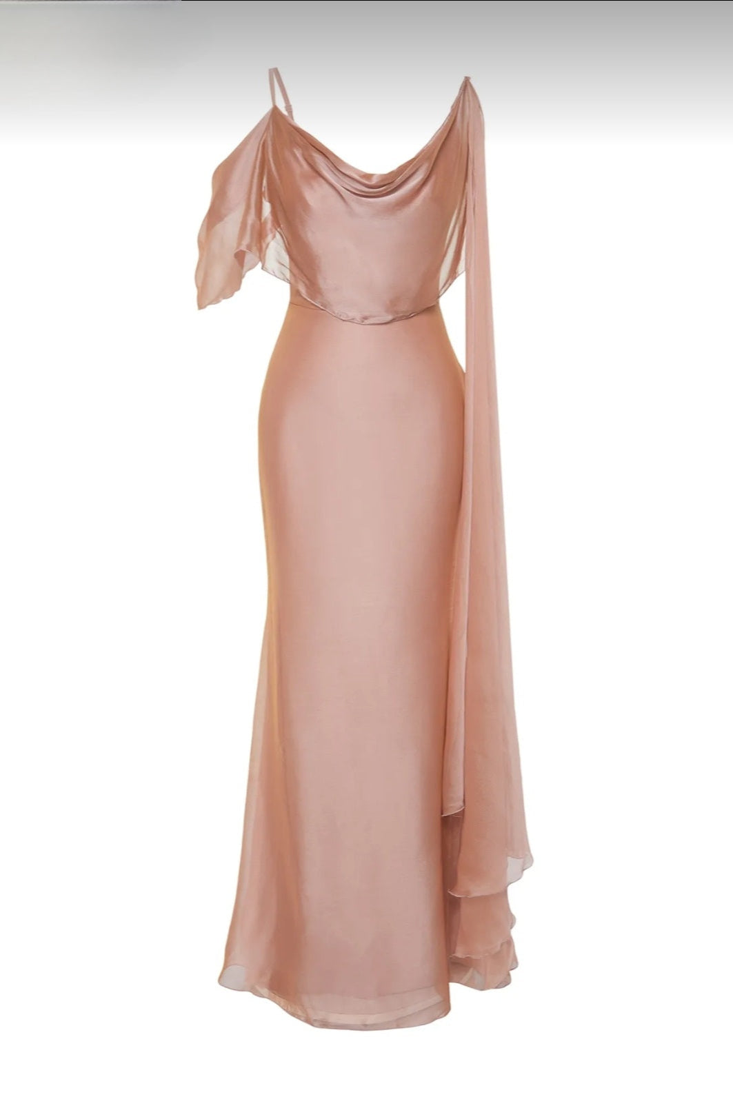 Dusty pink dress with cape on one sleeve and draped neckline