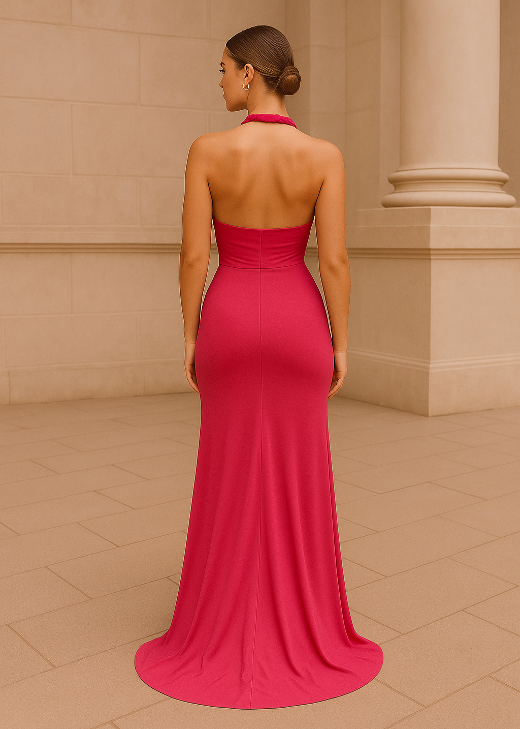 Long fuchsia dress with halter neckline and front slit